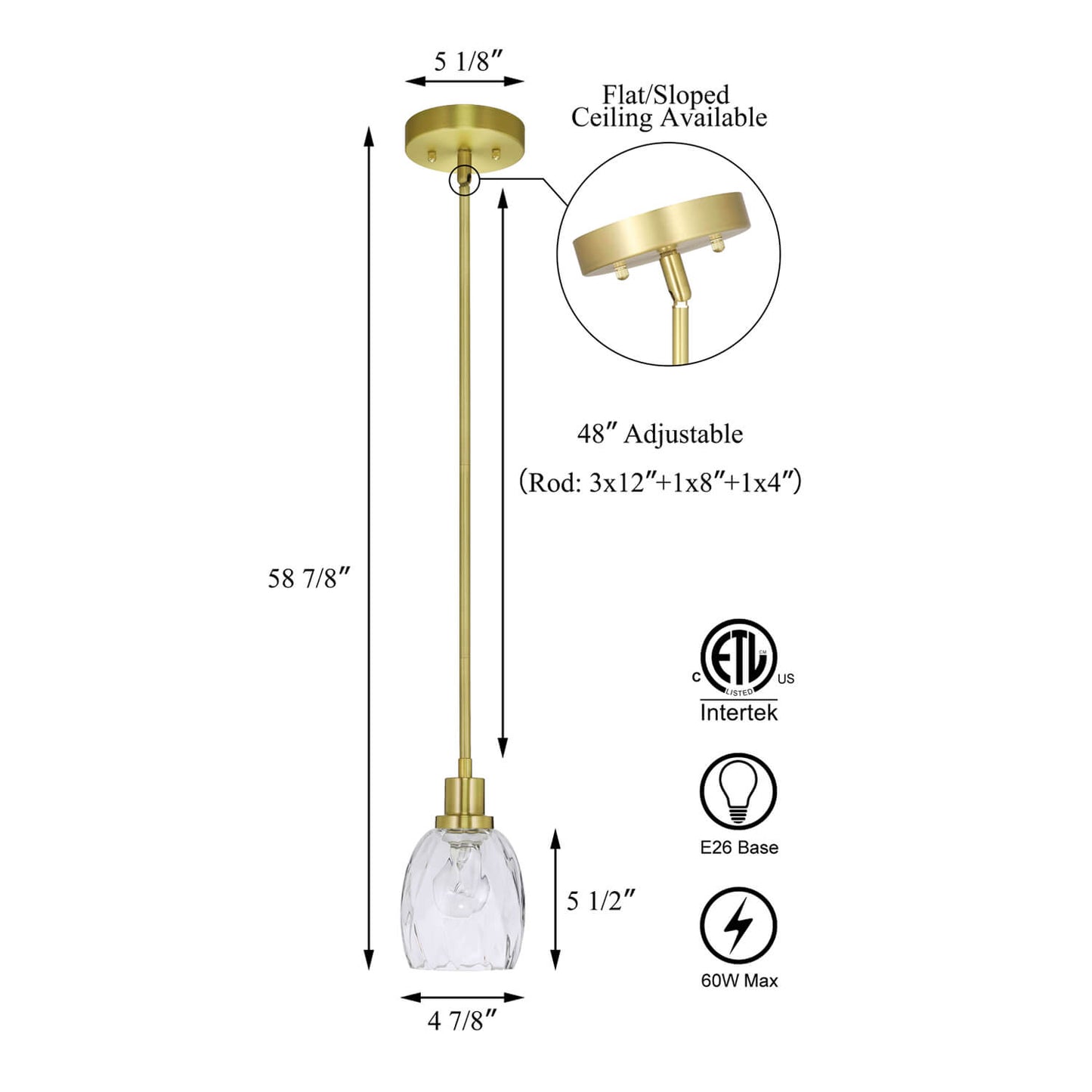 Modern Glass Pendant Light, Clear Textured Shade, Brass Rod Fixture, Single Hanging Lamp XB-P1210-SB