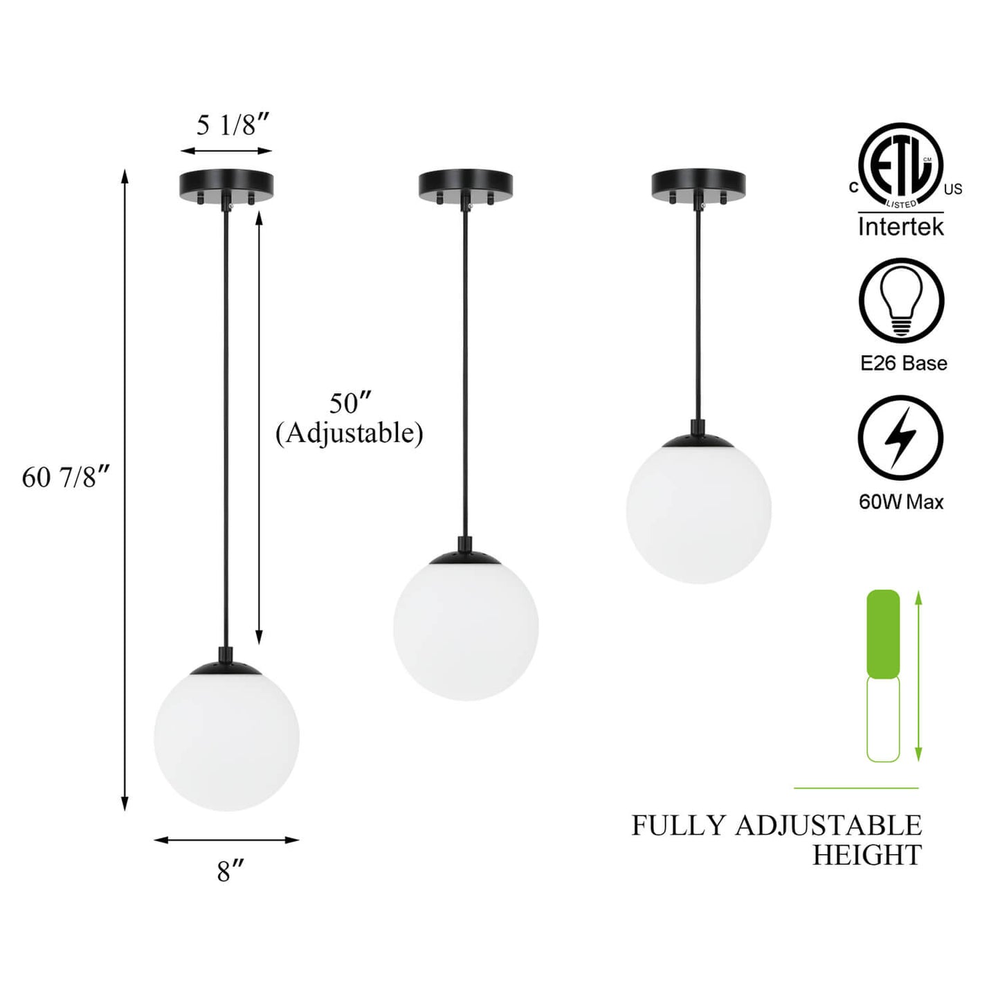 Modern Adjustable Globe Pendant Light in Matte Black Finish XB-P1211-MBK