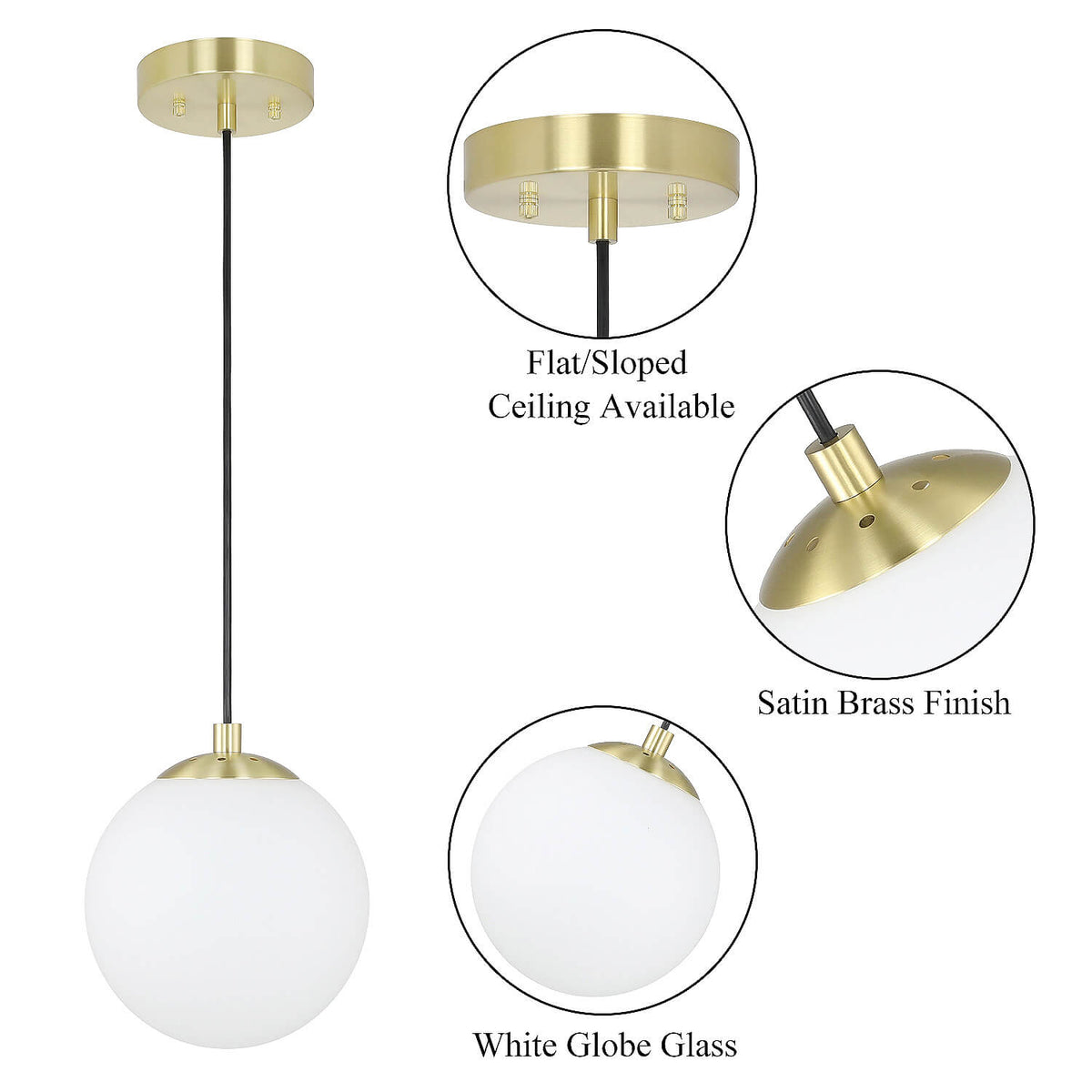 Modern Globe Pendant Light, Kitchen Hanging Ceiling Light, Satin Brass Finish, Adjustable Height XB-P1211-SB