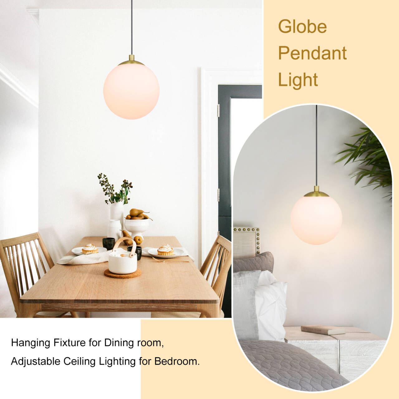 Modern Globe Pendant Light, Kitchen Hanging Ceiling Light, Satin Brass Finish, Adjustable Height XB-P1211-SB