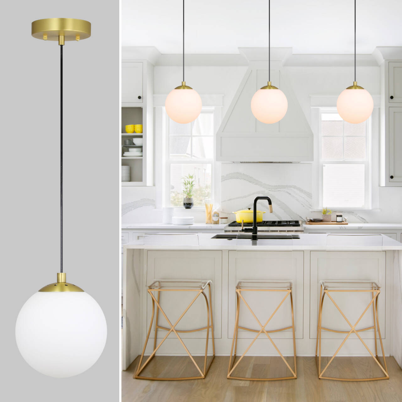 Modern Globe Pendant Light, Kitchen Hanging Ceiling Light, Satin Brass Finish, Adjustable Height XB-P1211-SB