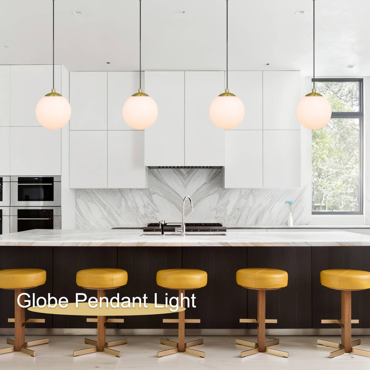 Modern Globe Pendant Light, Kitchen Hanging Ceiling Light, Satin Brass Finish, Adjustable Height XB-P1211-SB