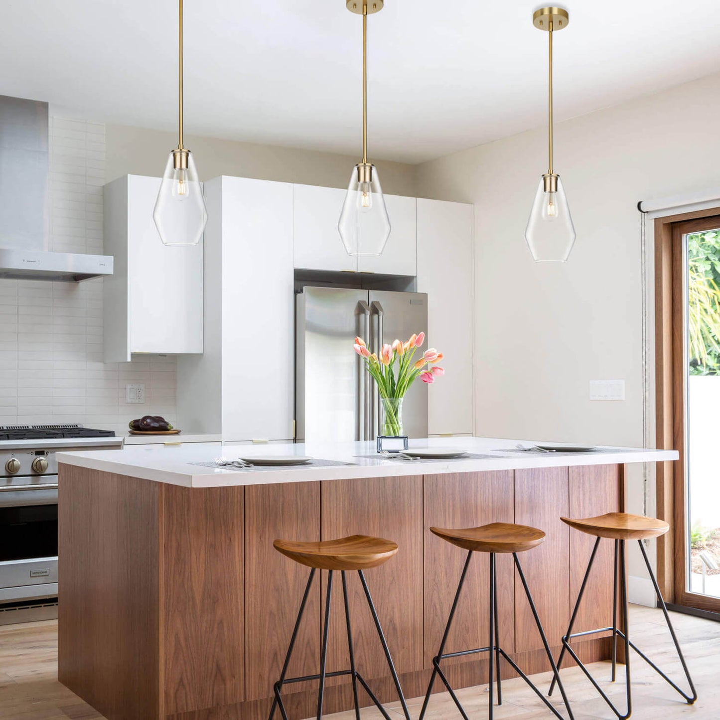 Glass Pendant Light, Brushed Brass, Clear Glass Shade, Kitchen Island Hanging Fixture XB-P1228-BS