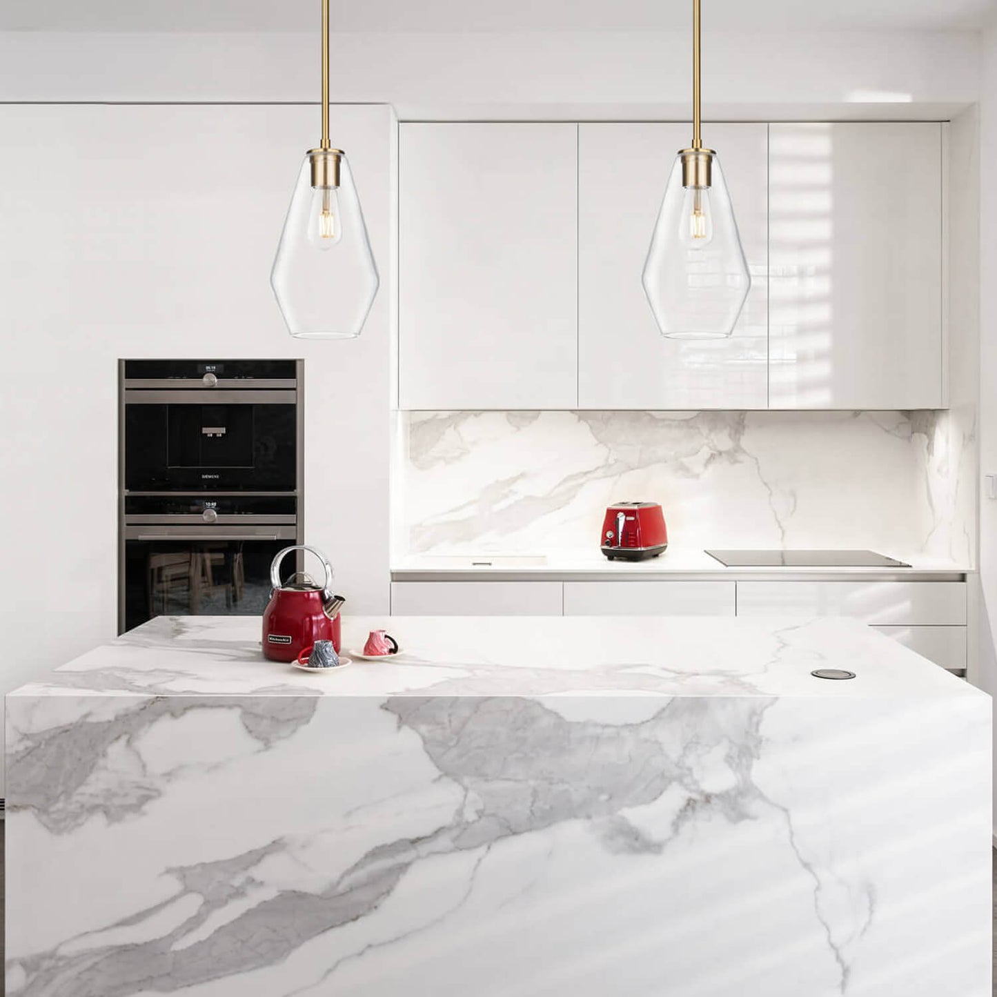 Glass Pendant Light, Brushed Brass, Clear Glass Shade, Kitchen Island Hanging Fixture XB-P1228-BS