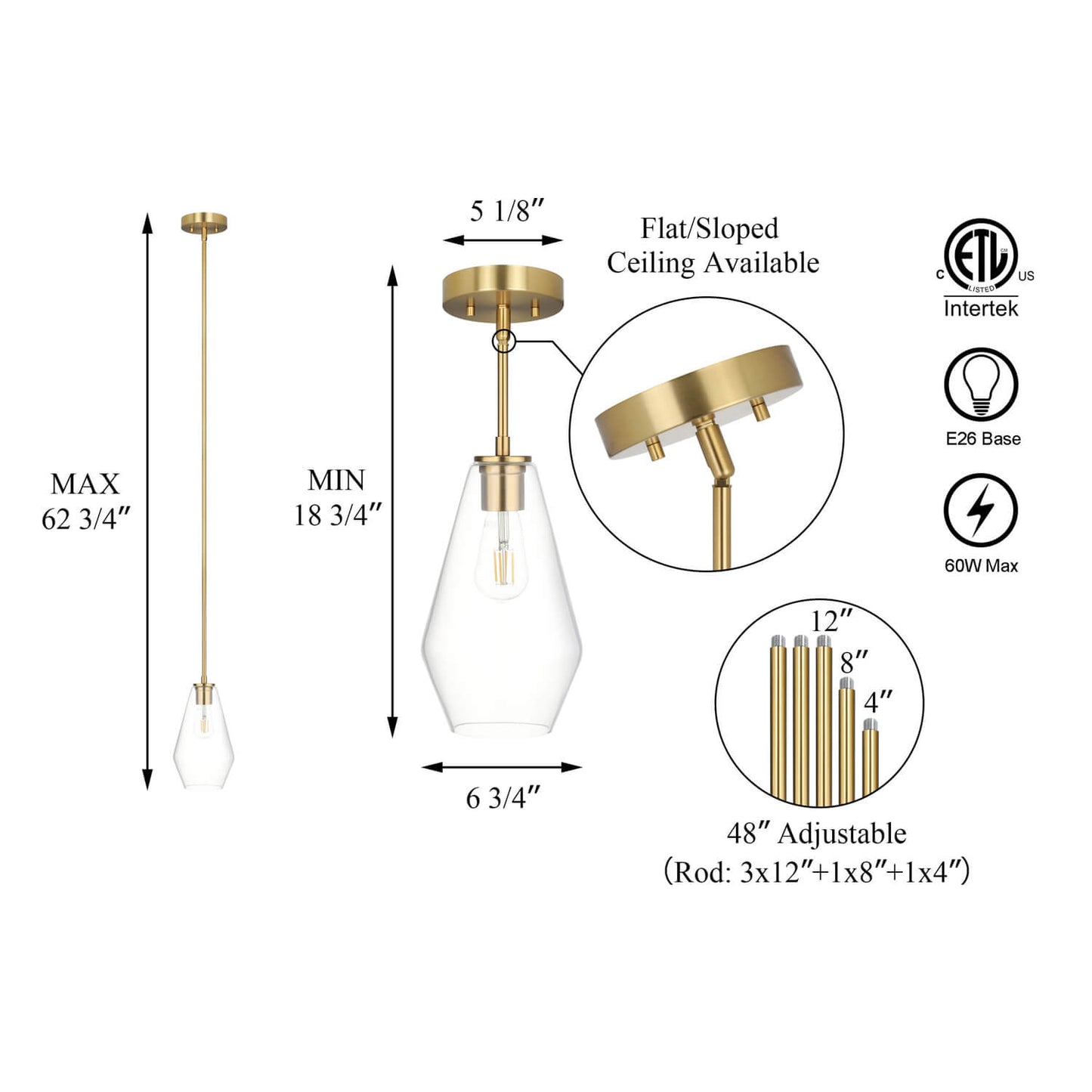 Glass Pendant Light, Brushed Brass, Clear Glass Shade, Kitchen Island Hanging Fixture XB-P1228-BS