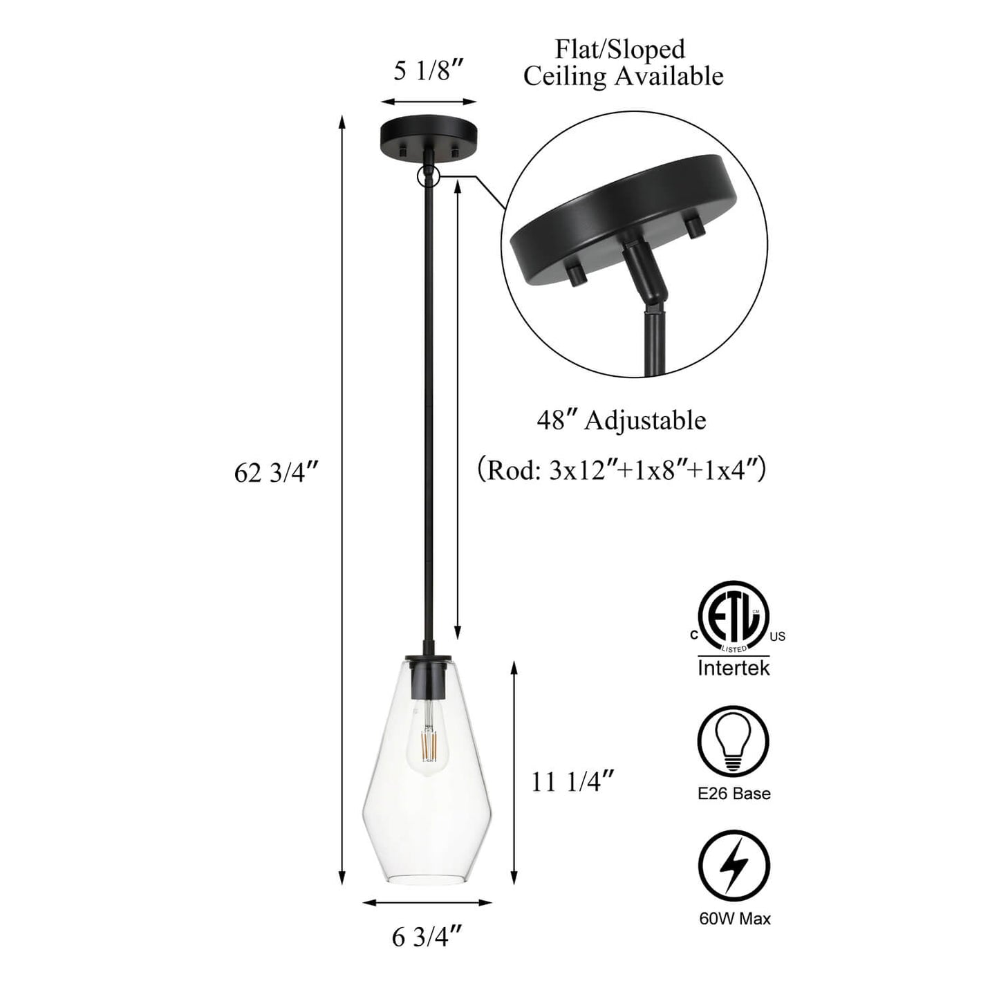 Modern Glass Pendant Light, Black Kitchen Hanging Light Fixture, Adjustable Height XB-P1228-MB