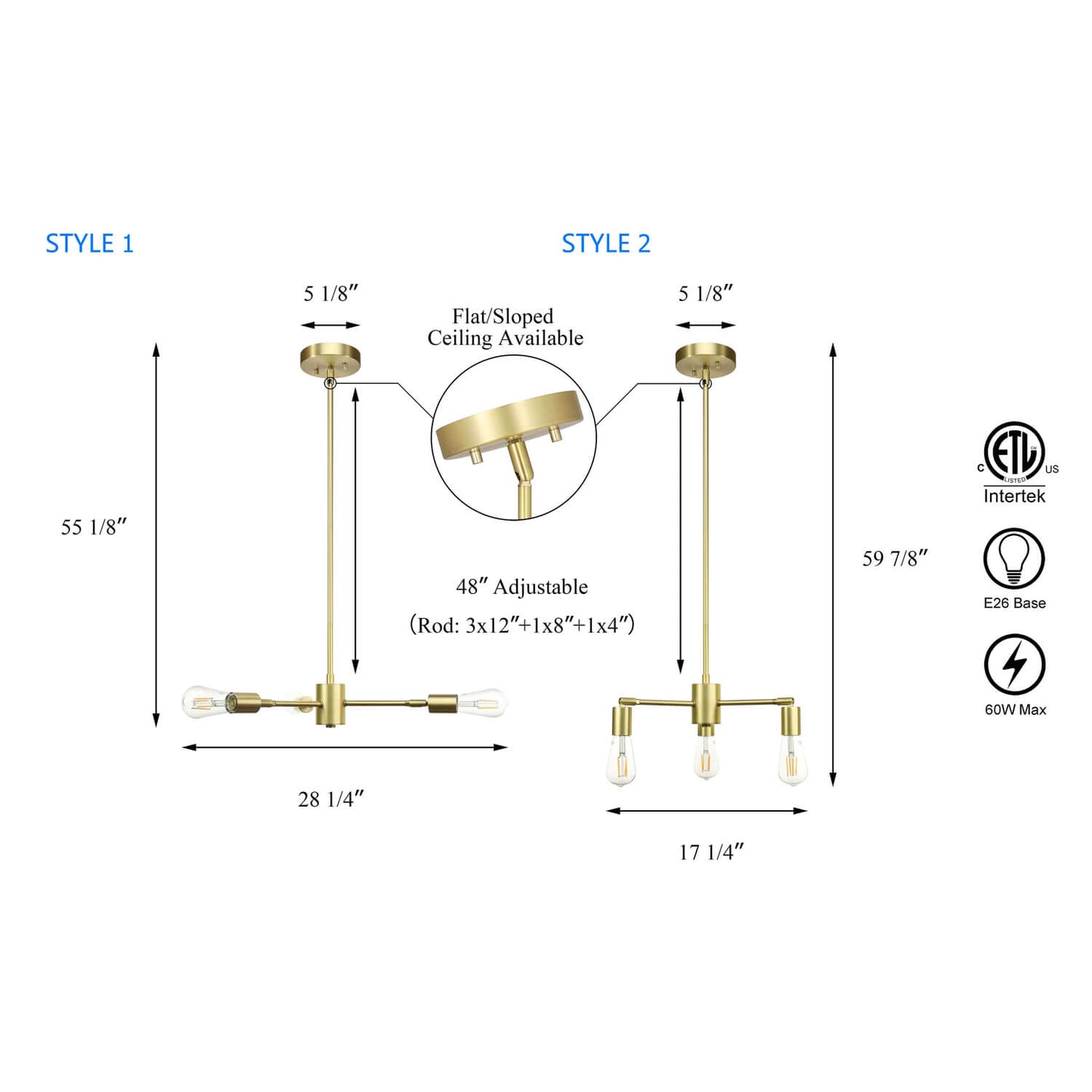 3-Light Sputnik Chandelier, Brass Finish, Adjustable Arms, Pendant Light Fixture XB-P1245-3-SB-LED