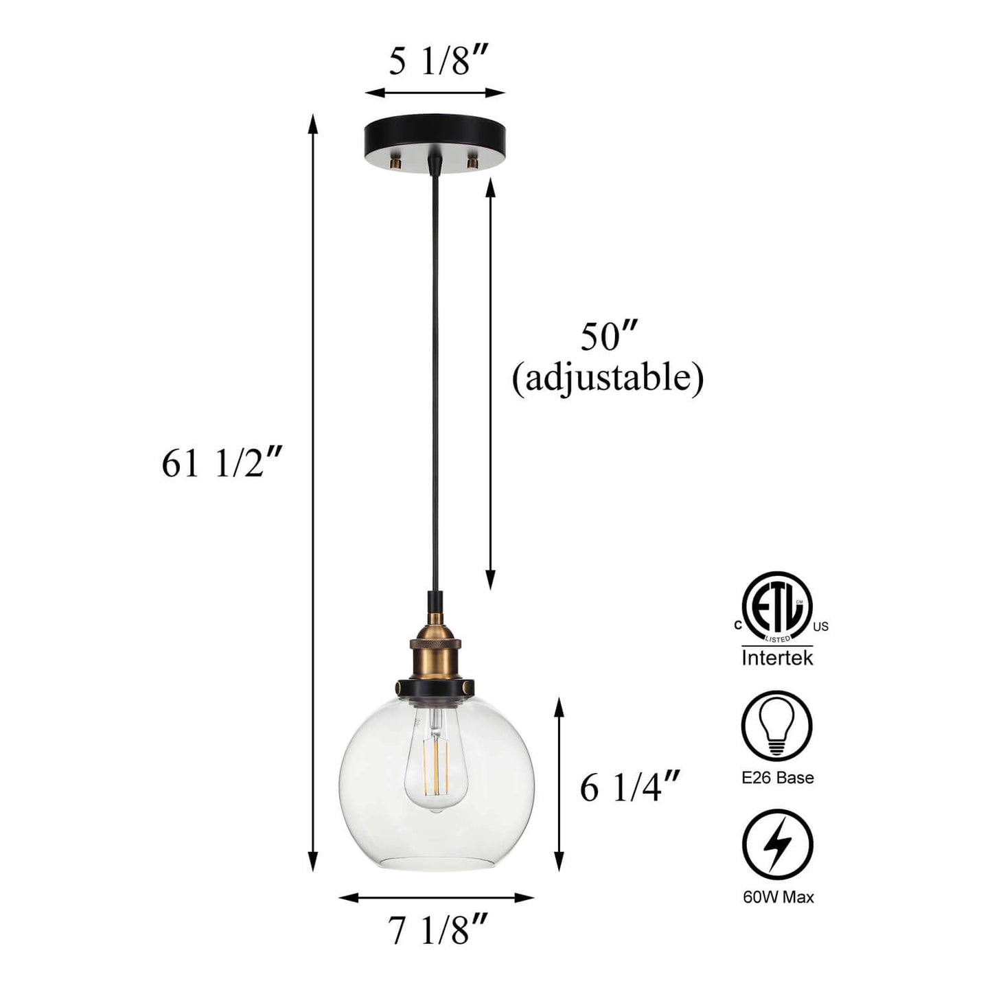 Glass Pendant Light, Industrial Kitchen Ceiling Lamp, Adjustable Height, Antique Brass XB-P1256-AB