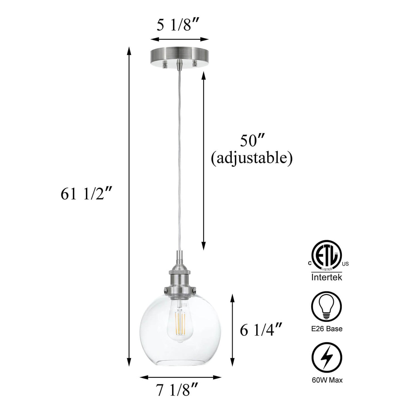 Modern Glass Pendant Light, Single Kitchen Hanging Ceiling Fixture, Brushed Nickel XB-P1256-BN