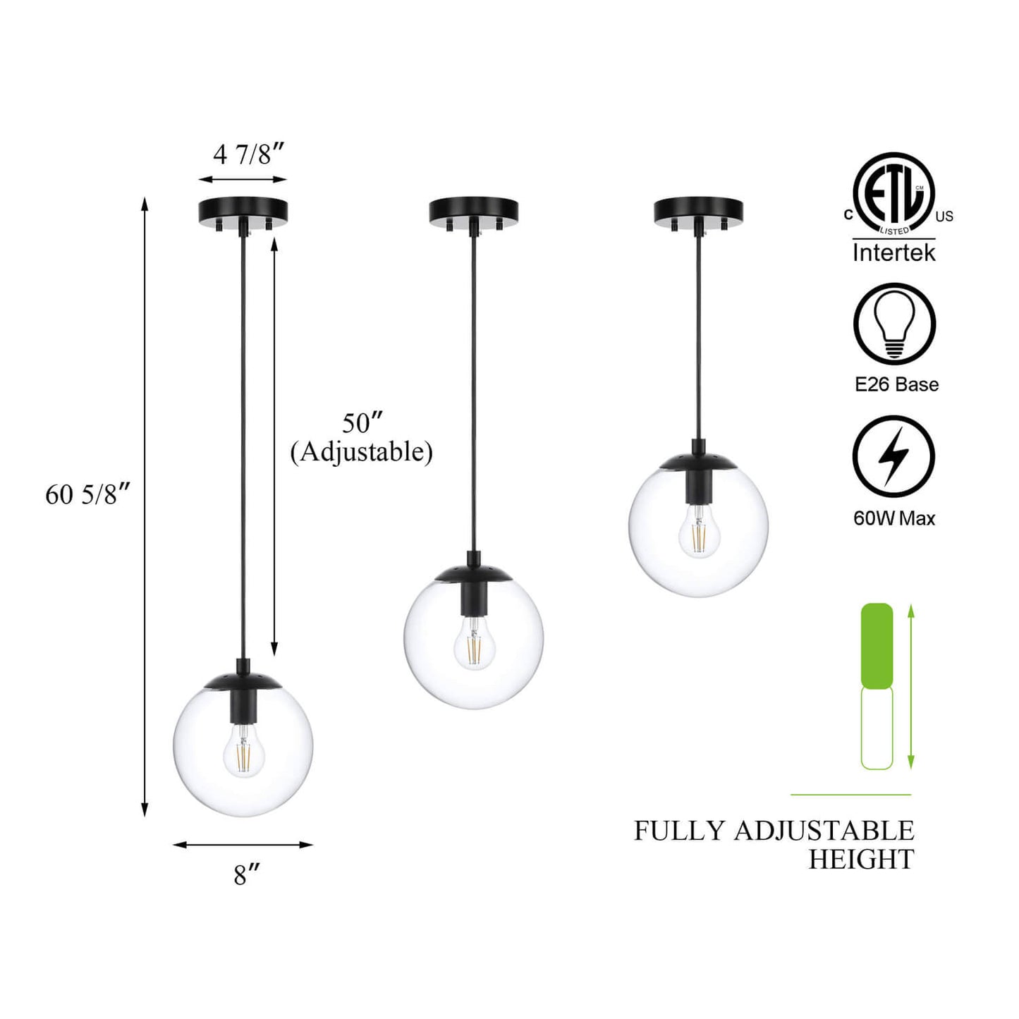 1-Light Modern Black Globe Pendant Light - Adjustable Ceiling Fixture XB-P1259-MBK