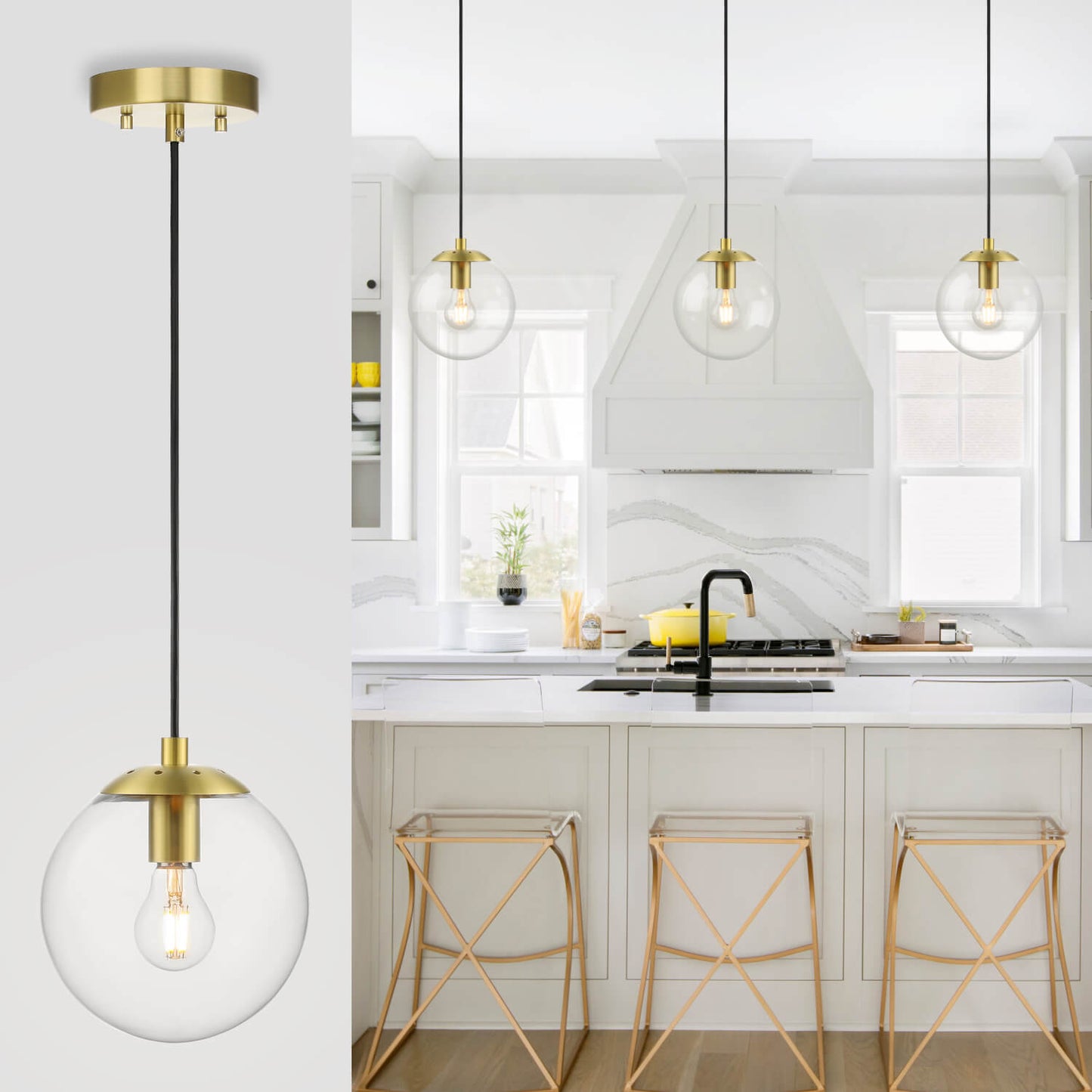 Globe Pendant Light, Modern Brass Kitchen Island Pendant Lighting with Clear Glass XB-P1259-SB