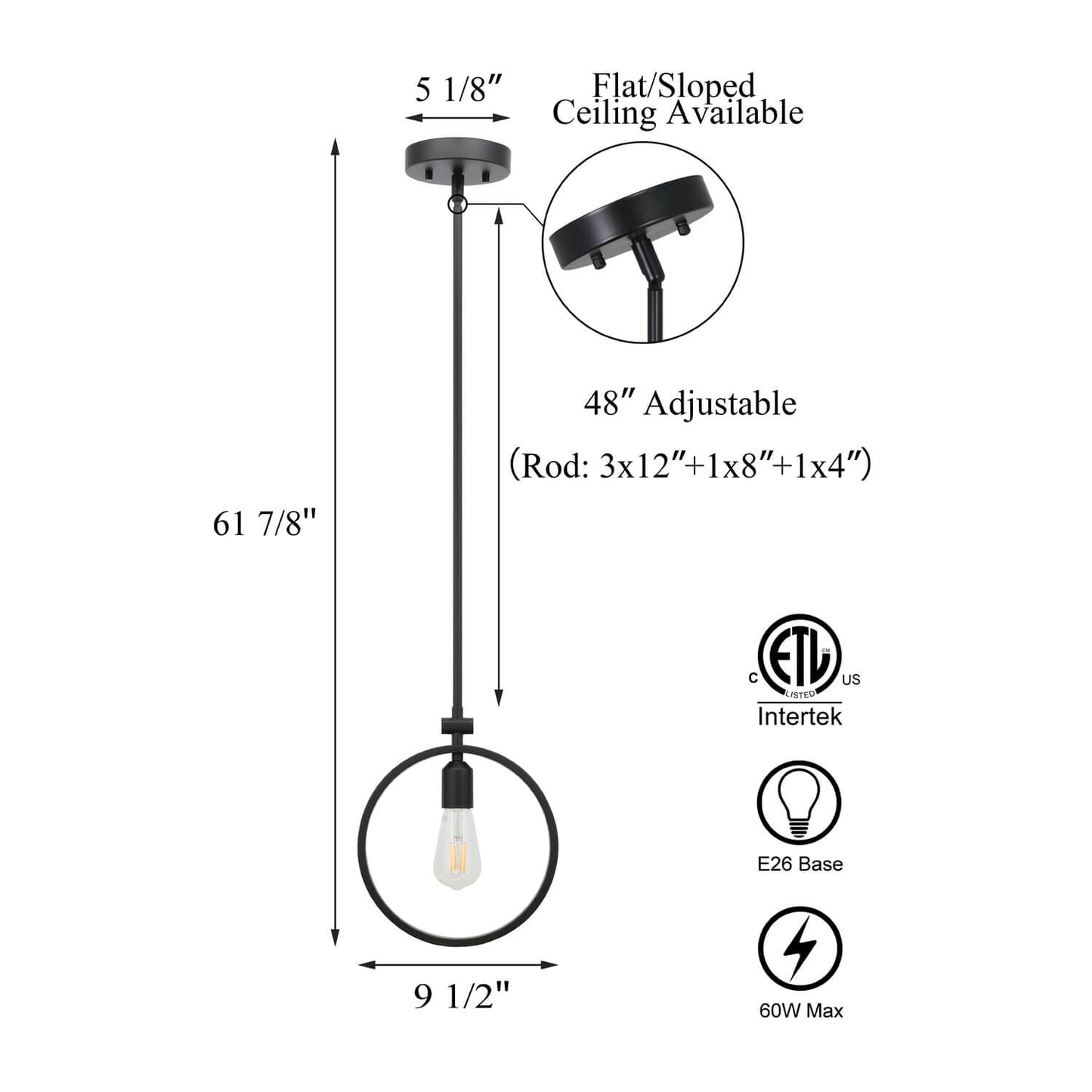 Adjustablel Black Metal Hoop Pendant Light with LED Bulb XB-P1269-MB-LED