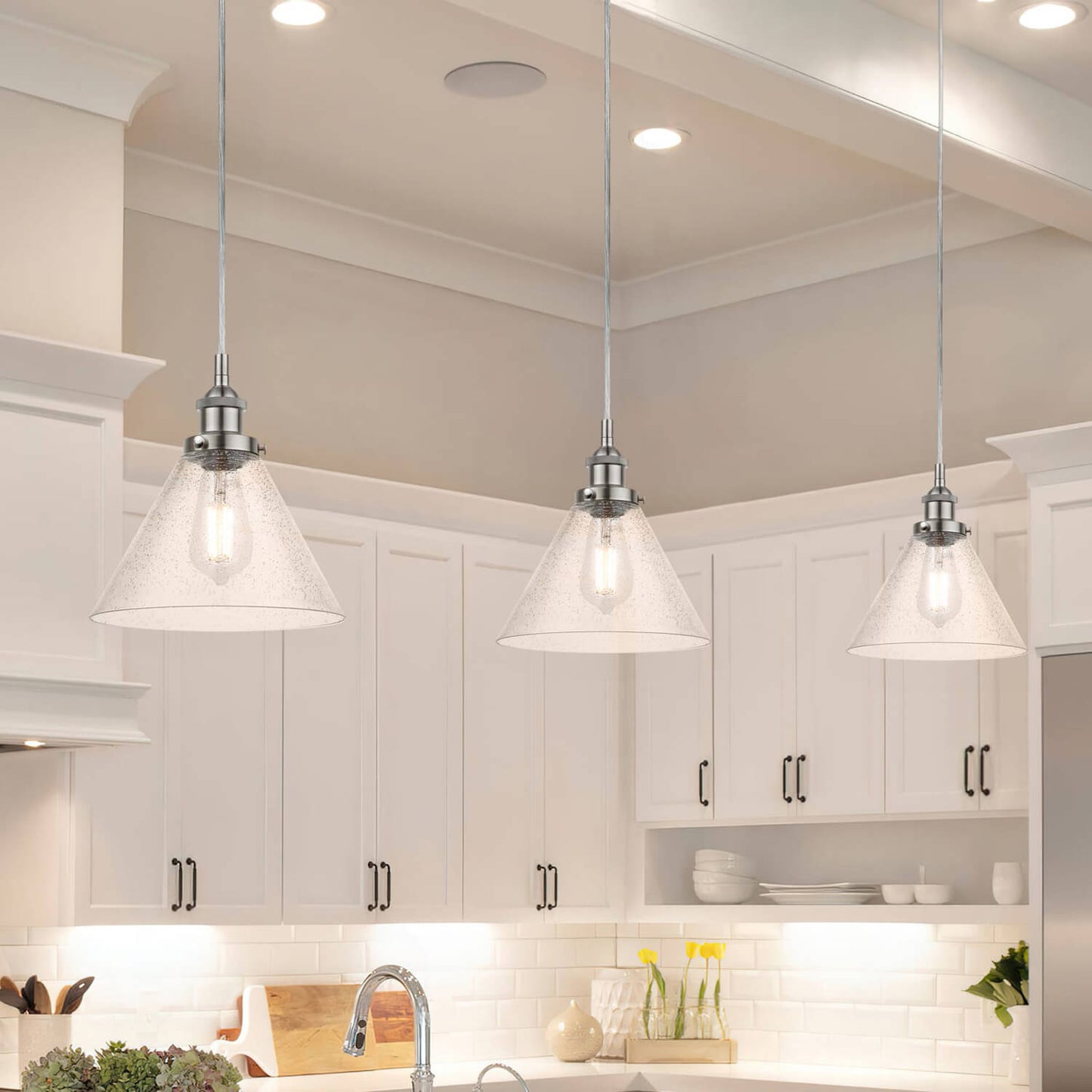 Retro Brushed Nickel Adjustable Pendant Light with Seeded Glass XB-P1280-BN