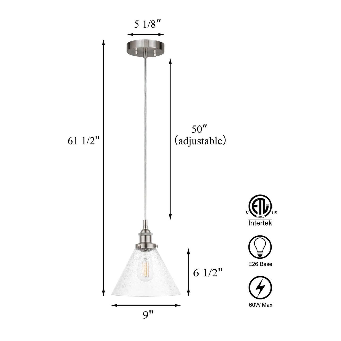 Retro Brushed Nickel Adjustable Pendant Light with Seeded Glass XB-P1280-BN