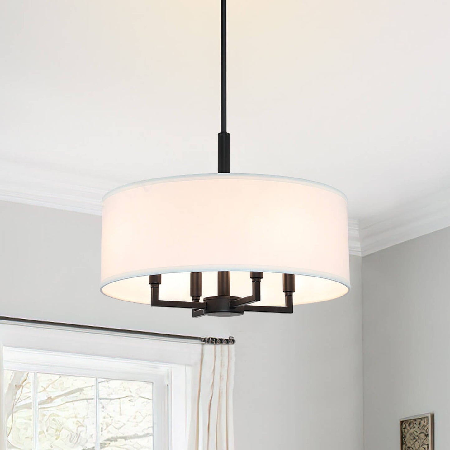 Farmhouse 4-Light Black Drum Pendant with Fabric Shade XB-P1296-MB