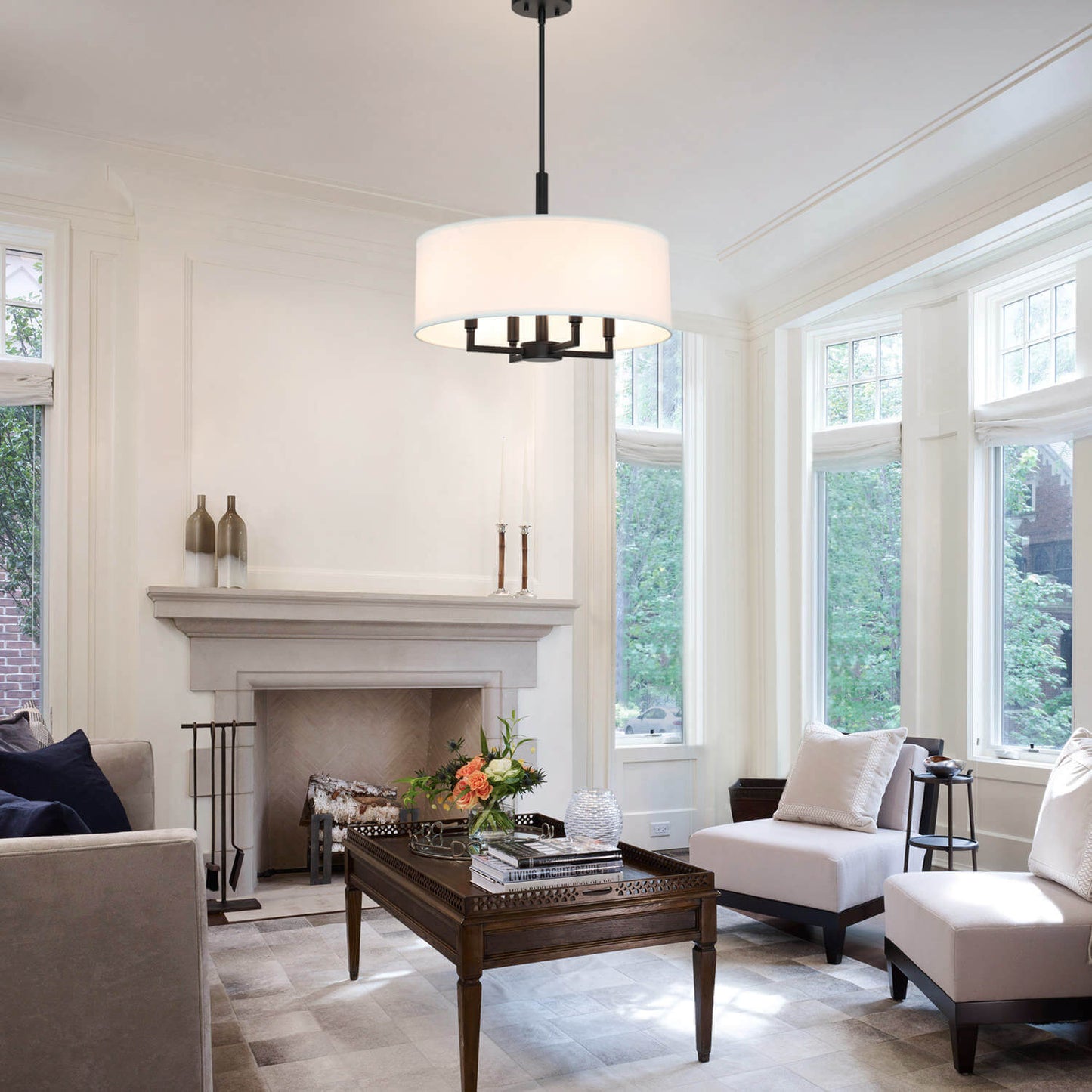Farmhouse 4-Light Black Drum Pendant with Fabric Shade XB-P1296-MB