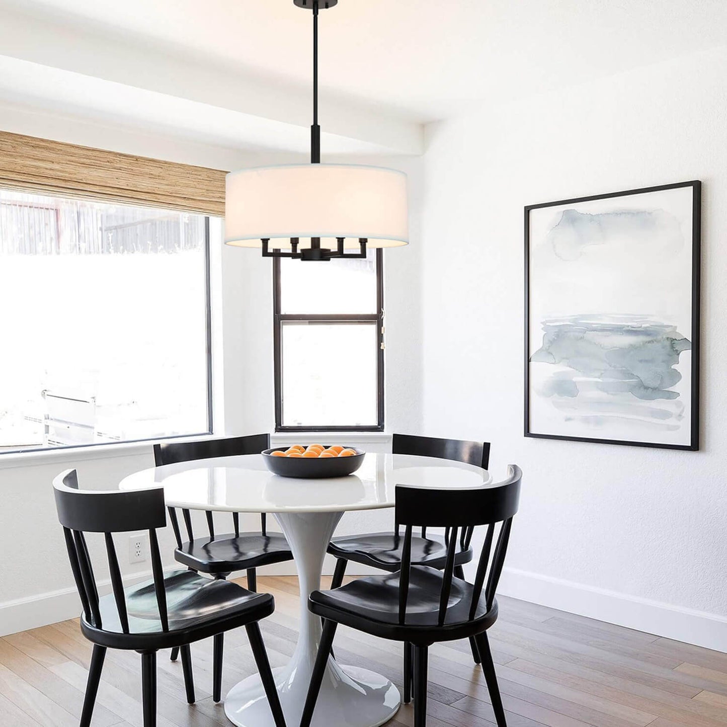 Farmhouse 4-Light Black Drum Pendant with Fabric Shade XB-P1296-MB
