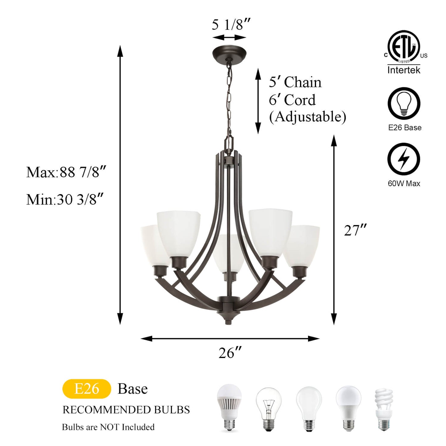 Dark Bronze White Glass Adjustable Iron Chain Pendant Light Kitchen 5-Lights American Retro Metal Vintage Chandelier XB-C361-5-DB