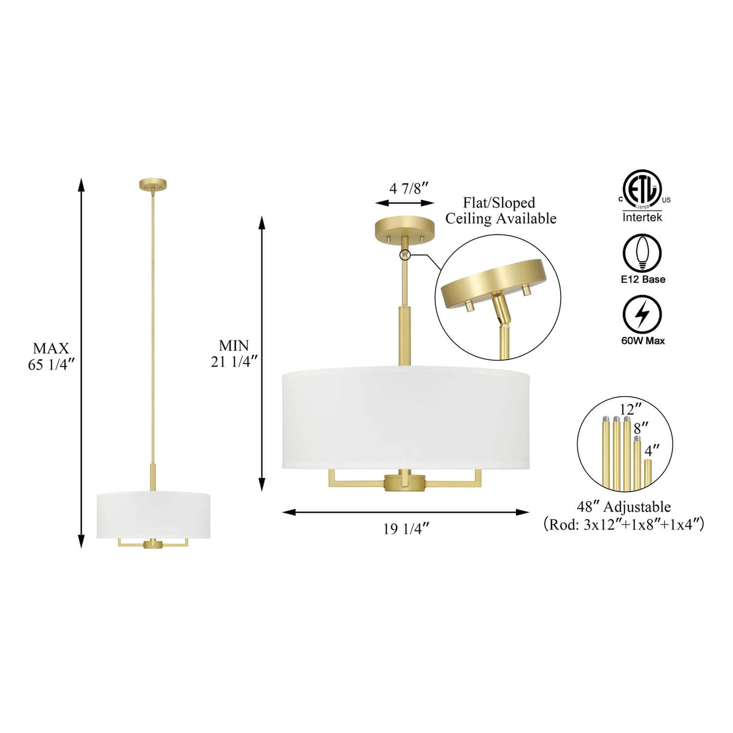 Modern 4-Light Drum Pendant Chandelier - Satin Brass Finish XB-P1296-SB