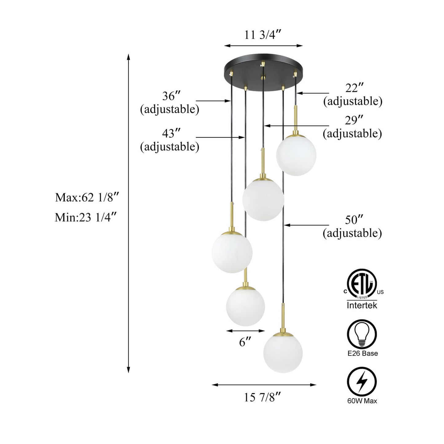 Modern 5-Light Black Brass Globe Cluster Pendant Light XB-P1304-5-MB