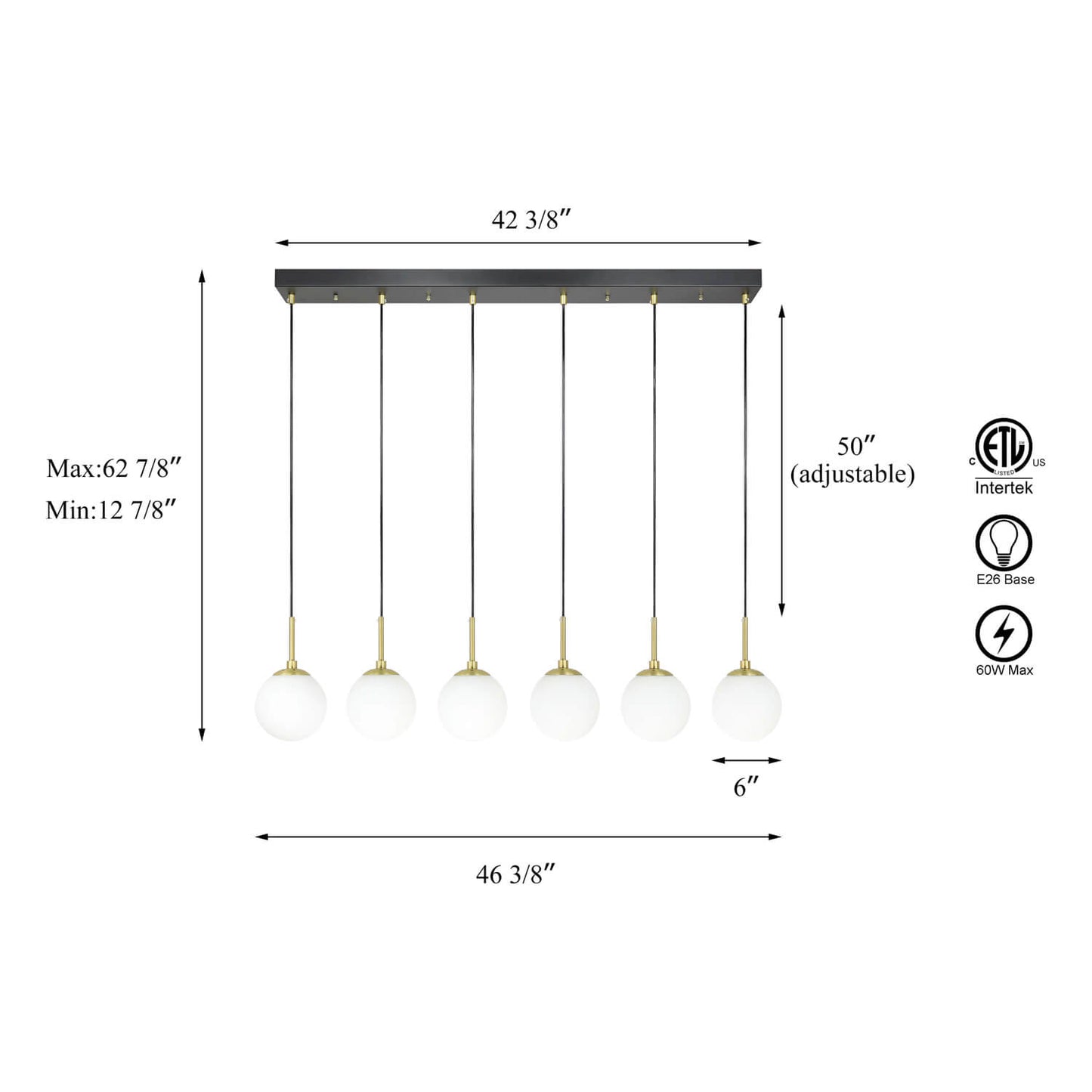 6-Light Farmhouse Linear Globe Chandelier for Kitchen Island XB-P1304-6-MB