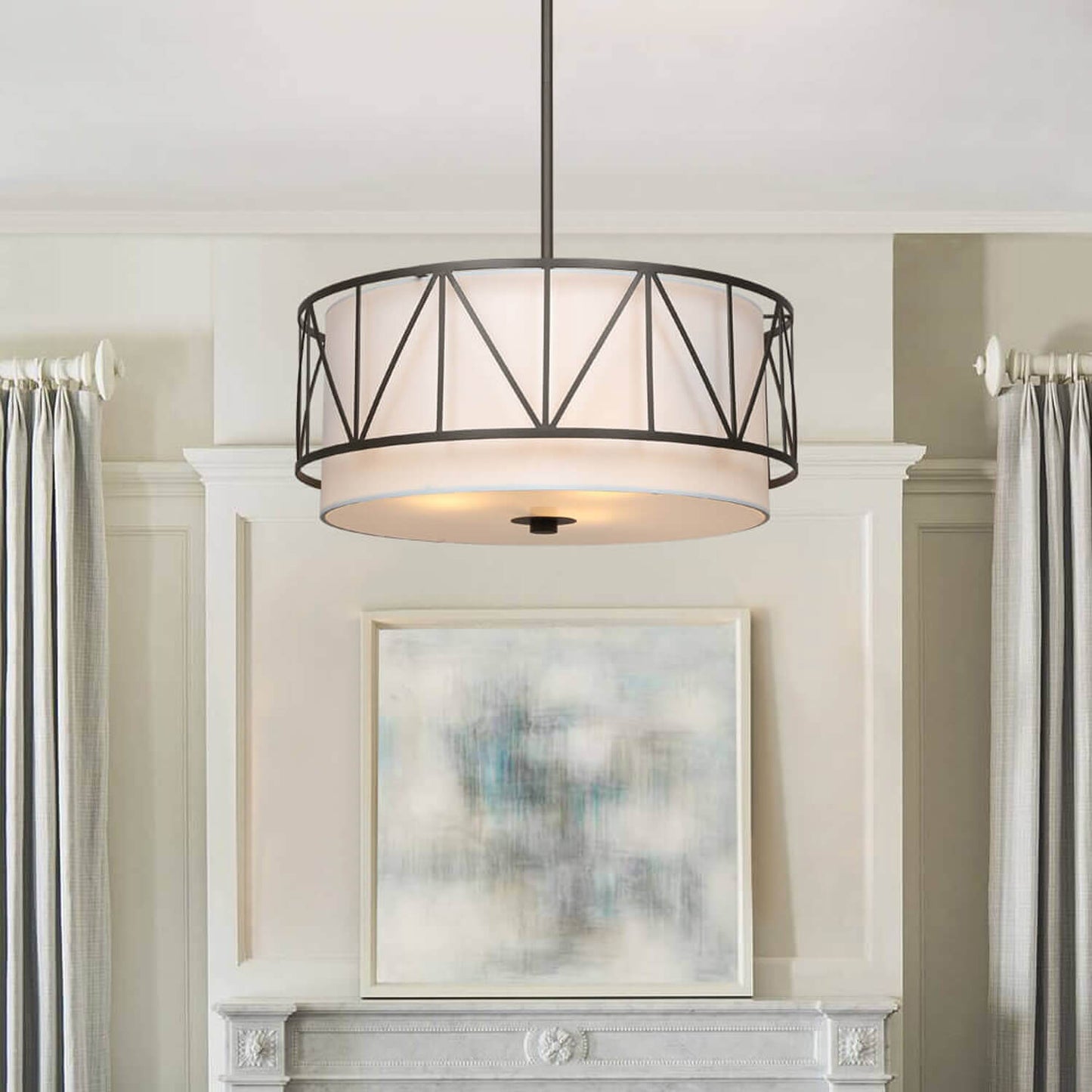 Modern Drum Chandelier with Metal Cage & Fabric Shade XB-P330-DB