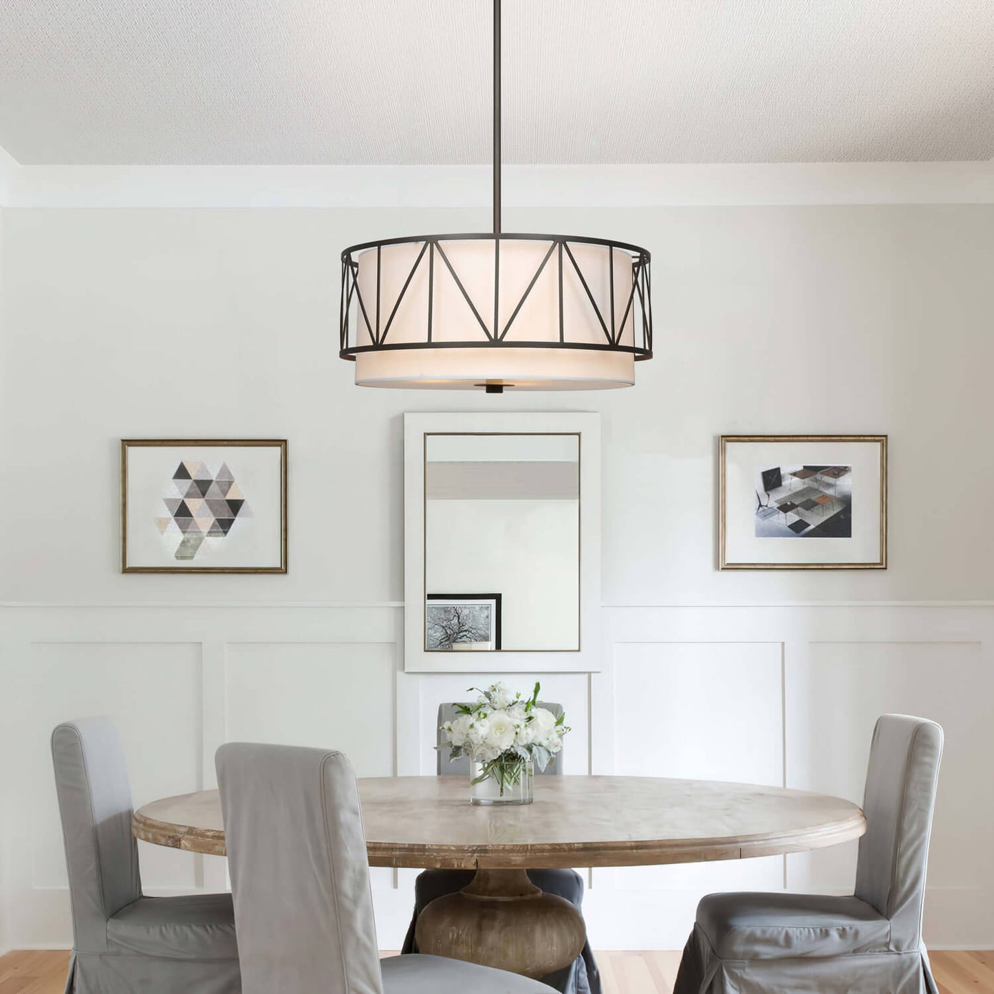 Modern Drum Chandelier with Metal Cage & Fabric Shade XB-P330-DB