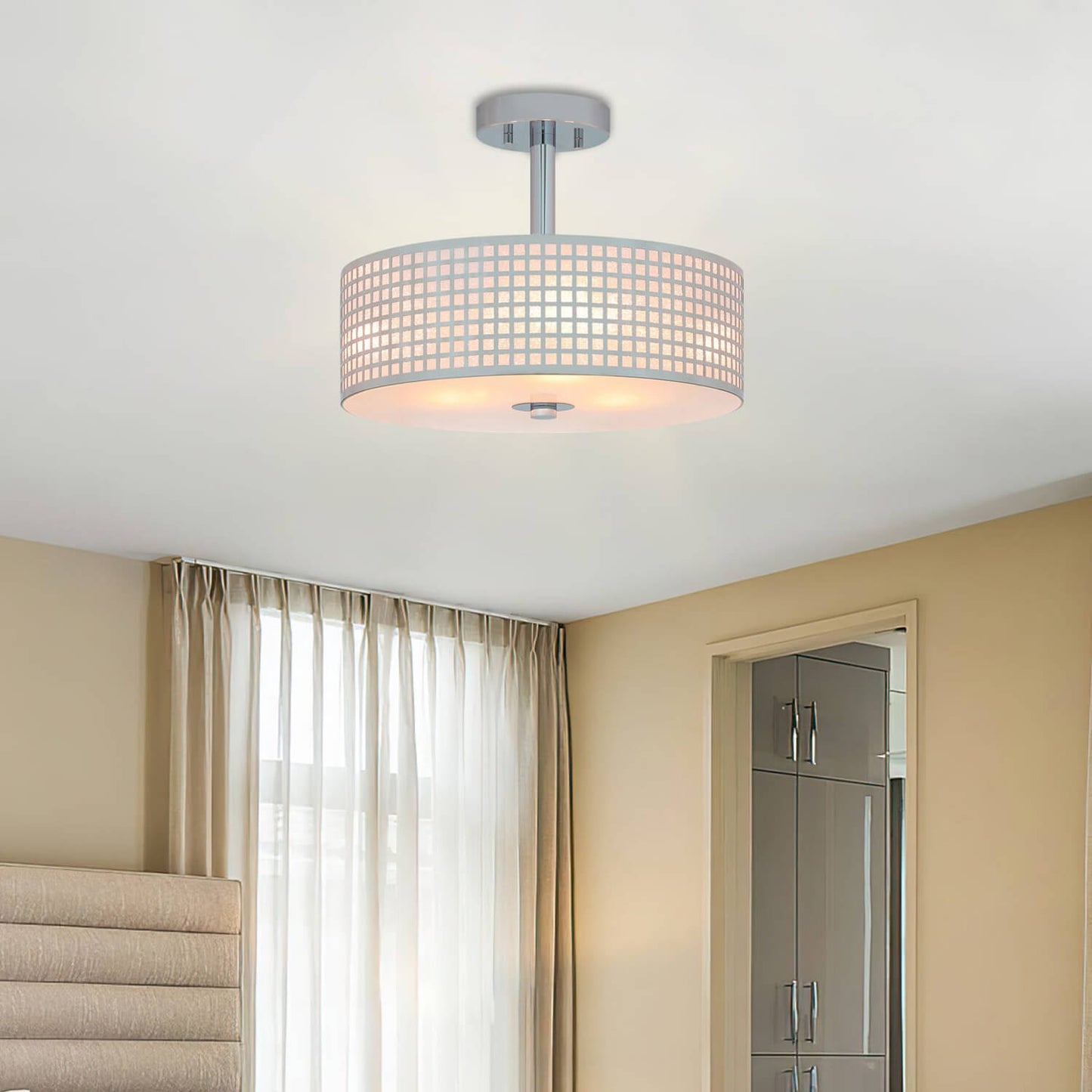 15 inch Modern 3-Light Chrome Drum Ceiling Fixture for Bedroom/Living Room XB-SF1124-CH