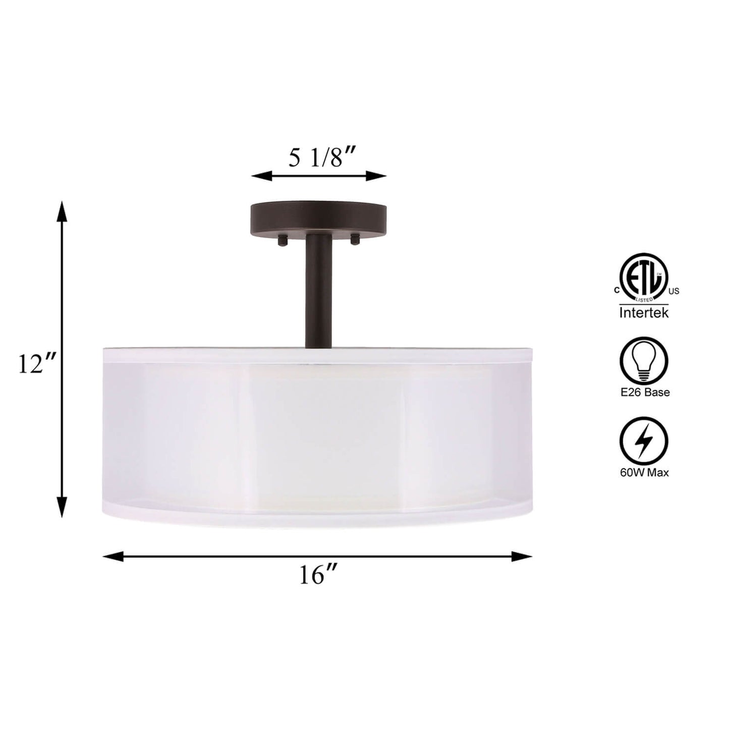 16 inch Semi Flush Mount Ceiling Light with Fabric Shade in Dark Bronze XB-SF1194-DB