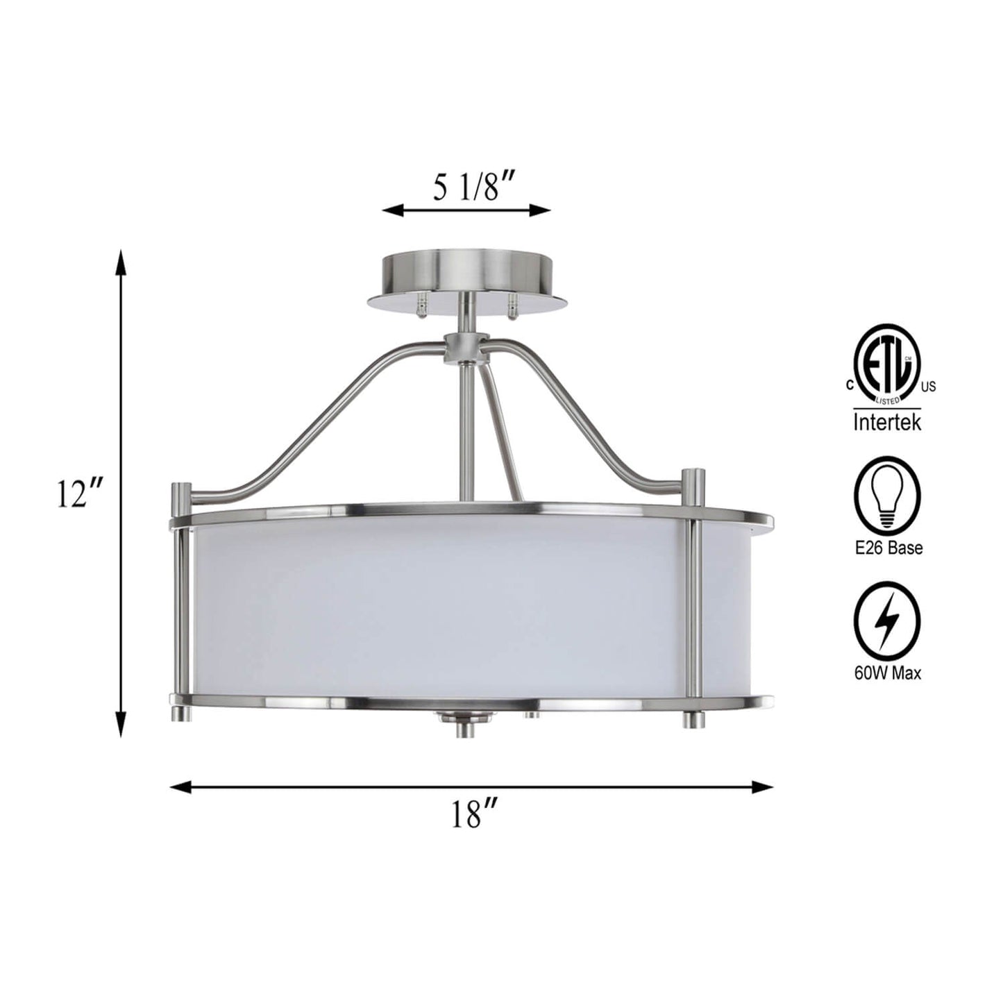 18 inch Modern Semi-Flush Mount Ceiling Light, Brushed Nickel, White Drum Shade XB-SF1199-BN