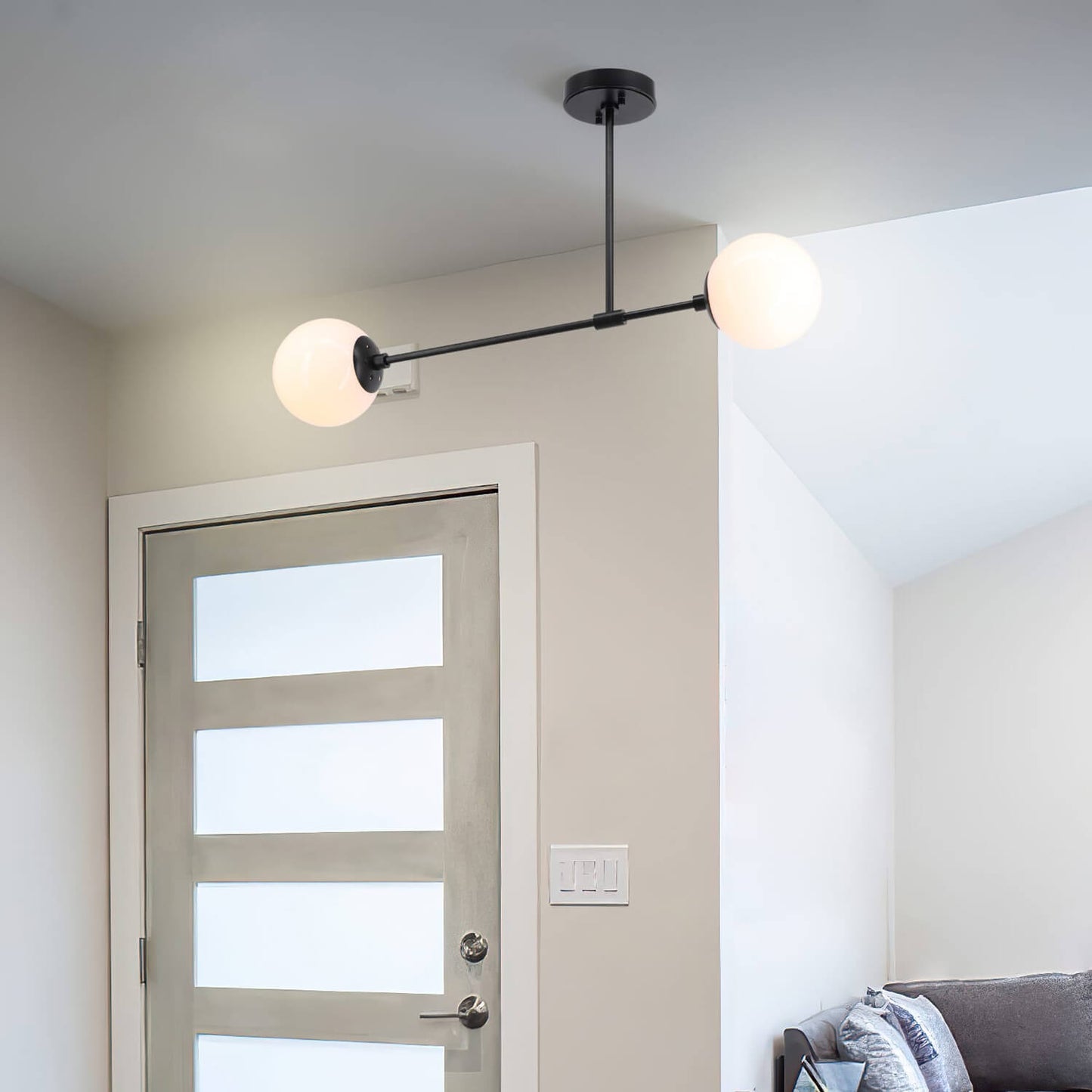 Globe Semi Flush Mount Ceiling Light, 2-Light, Matte Black, White Glass Shades XB-SF1211-2-MBK-1