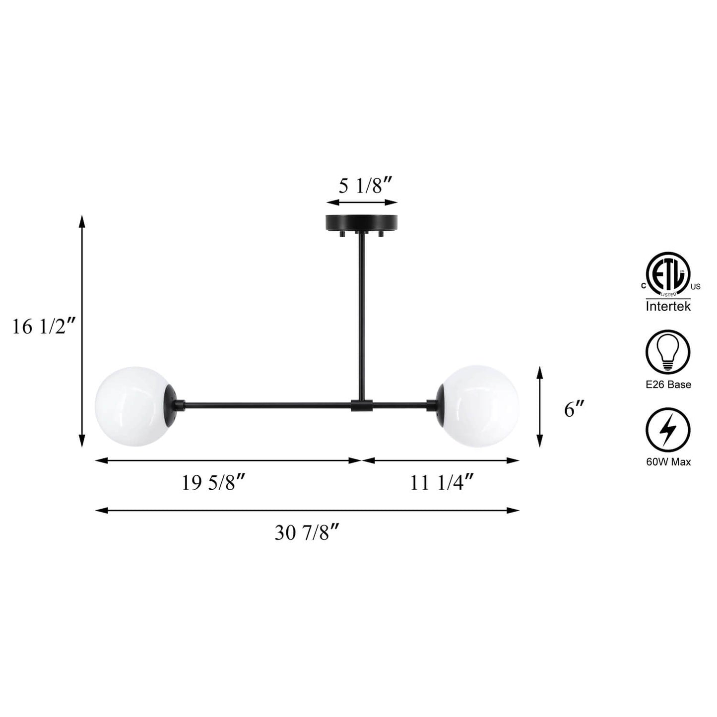 Globe Semi Flush Mount Ceiling Light, 2-Light, Matte Black, White Glass Shades XB-SF1211-2-MBK-1