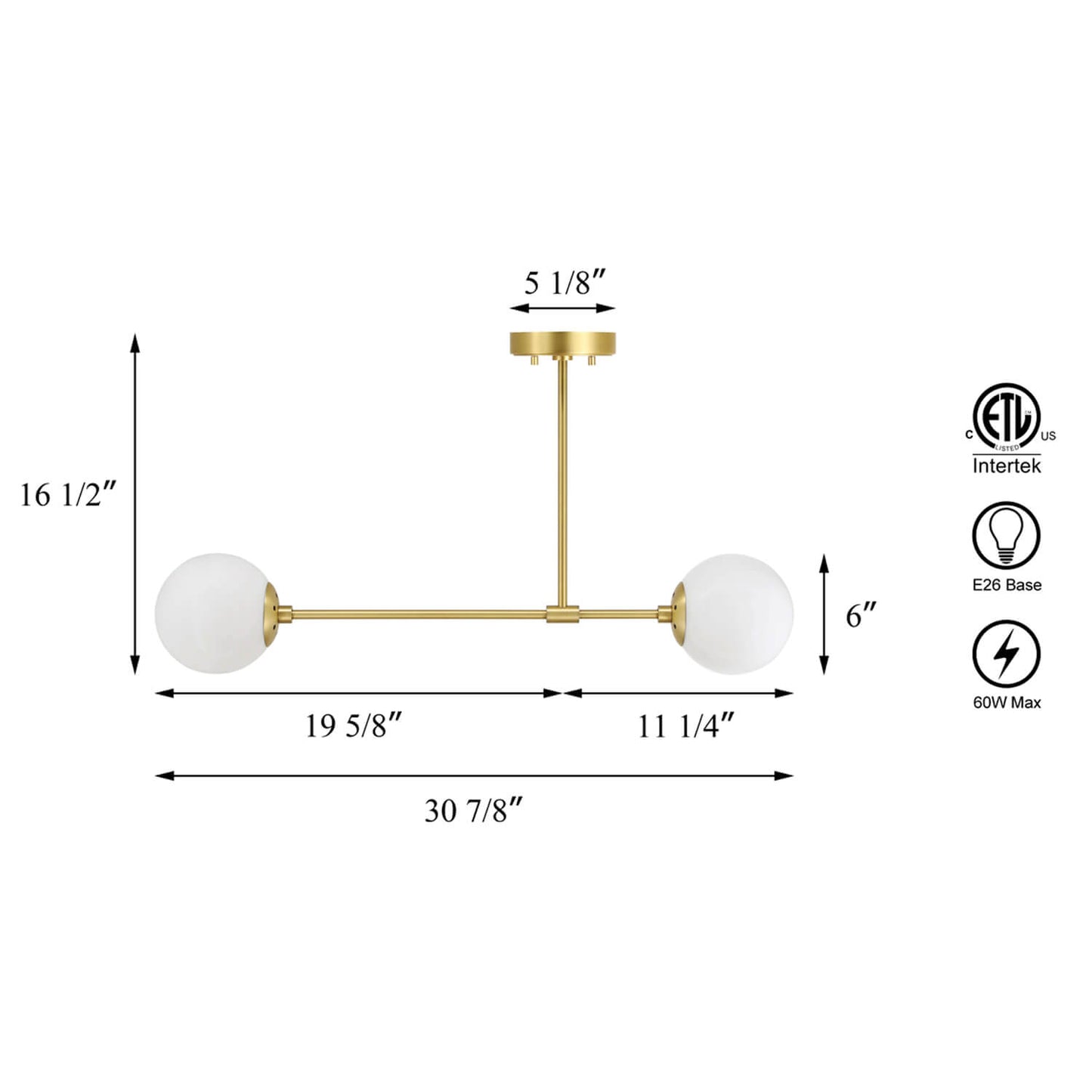 Modern Globe Semi Flush Mount Ceiling Light, 2-Light Satin Brass Fixture XB-SF1211-2-SB-1