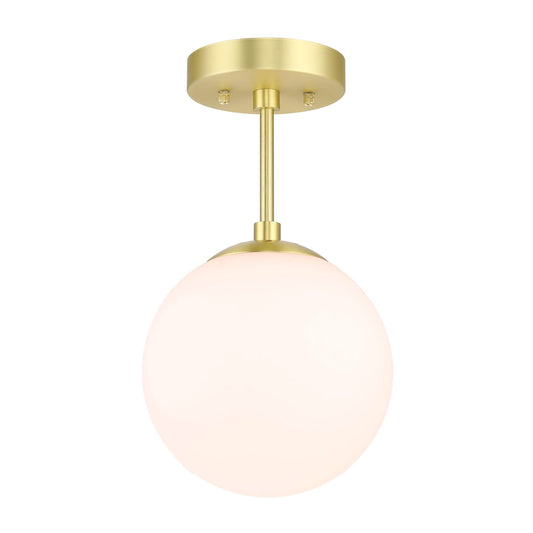 Modern Globe Ceiling Light Fixture, White Glass Shade, Satin Brass Semi Flush Mount XB-SF1211-SB