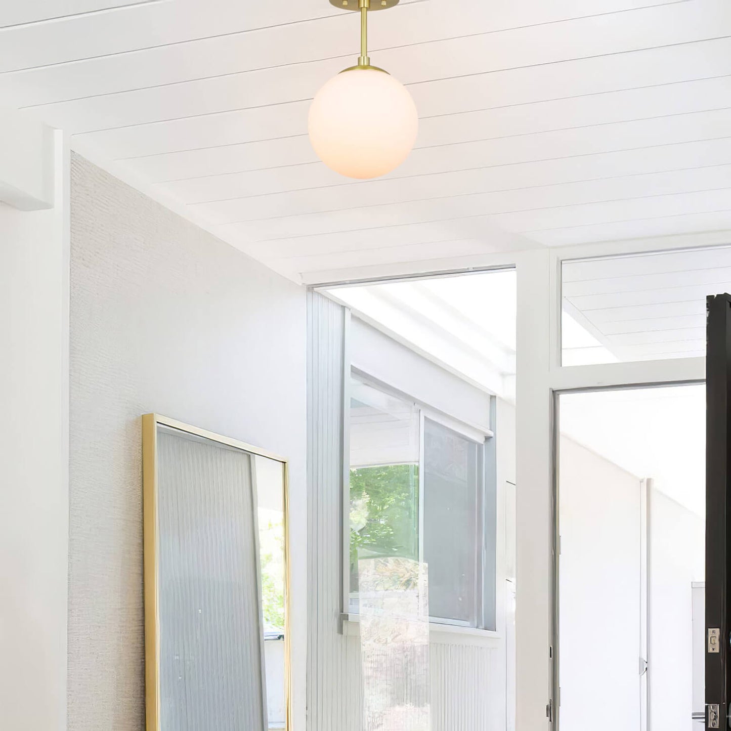 Modern Globe Ceiling Light Fixture, White Glass Shade, Satin Brass Semi Flush Mount XB-SF1211-SB