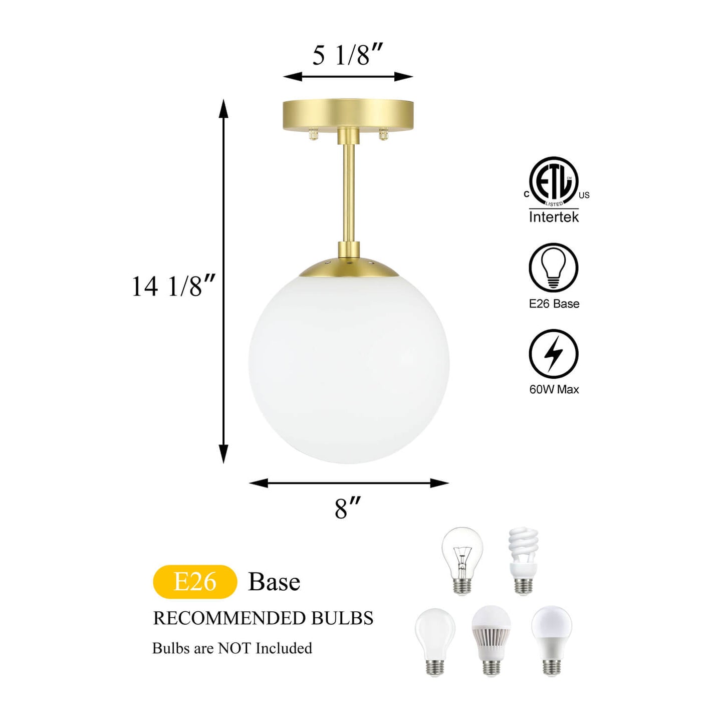 Modern Globe Ceiling Light Fixture, White Glass Shade, Satin Brass Semi Flush Mount XB-SF1211-SB