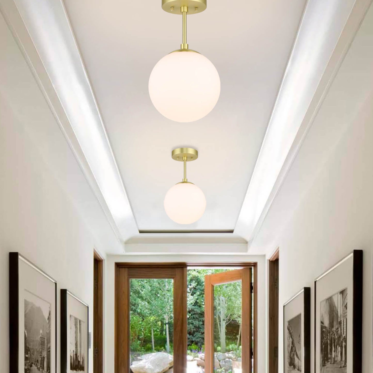 Modern Globe Ceiling Light Fixture, White Glass Shade, Satin Brass Semi Flush Mount XB-SF1211-SB