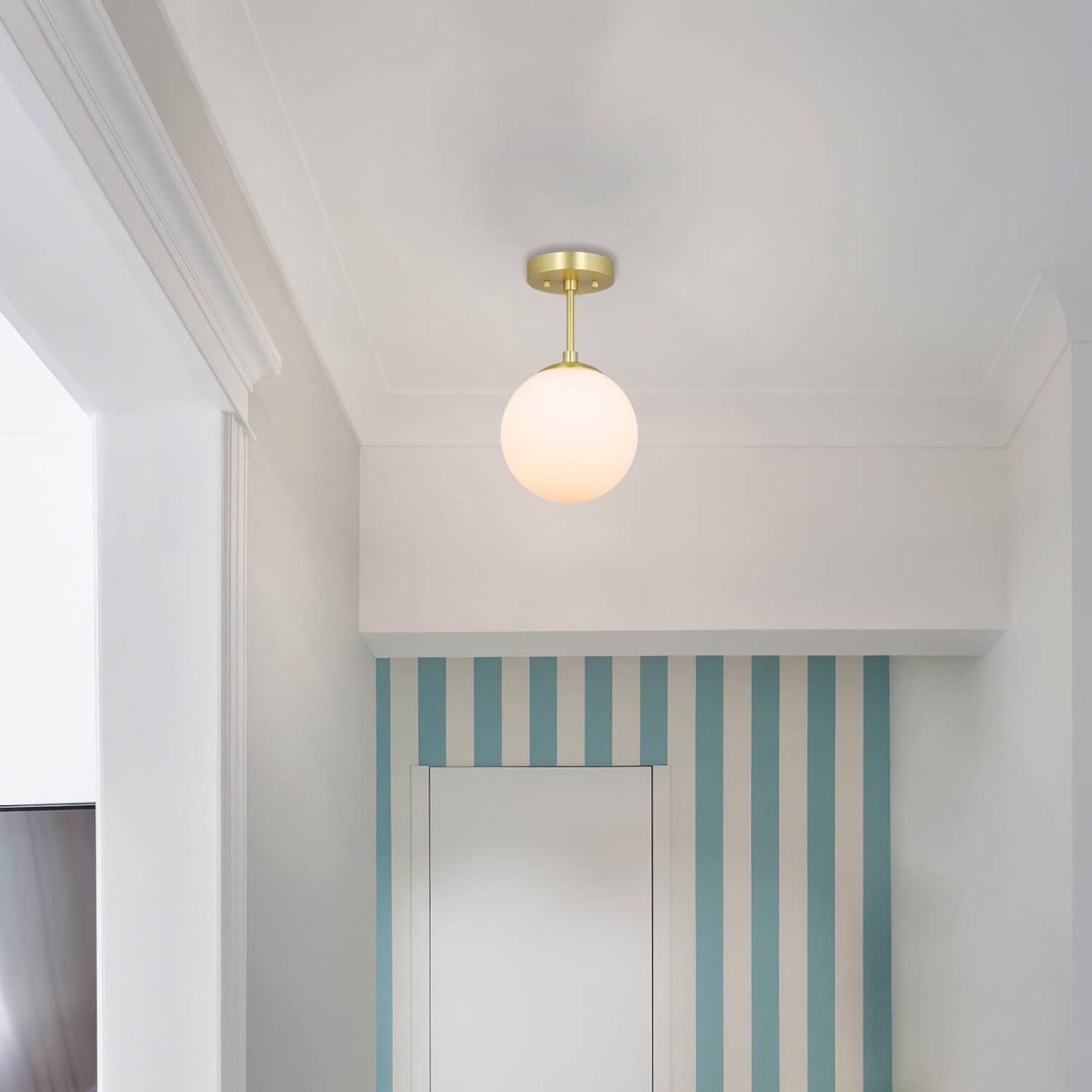 Modern Globe Ceiling Light Fixture, White Glass Shade, Satin Brass Semi Flush Mount XB-SF1211-SB