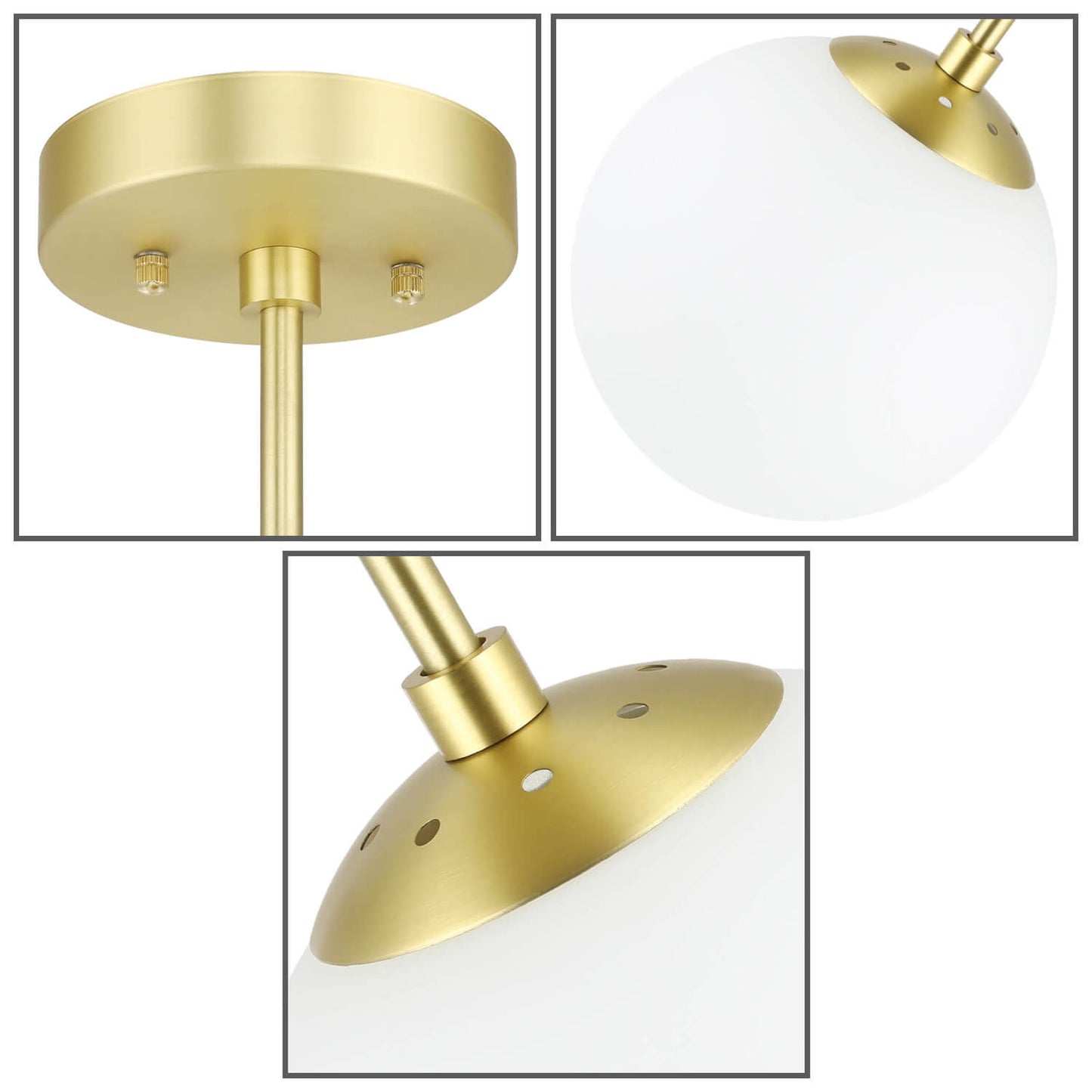 Modern Globe Ceiling Light Fixture, White Glass Shade, Satin Brass Semi Flush Mount XB-SF1211-SB