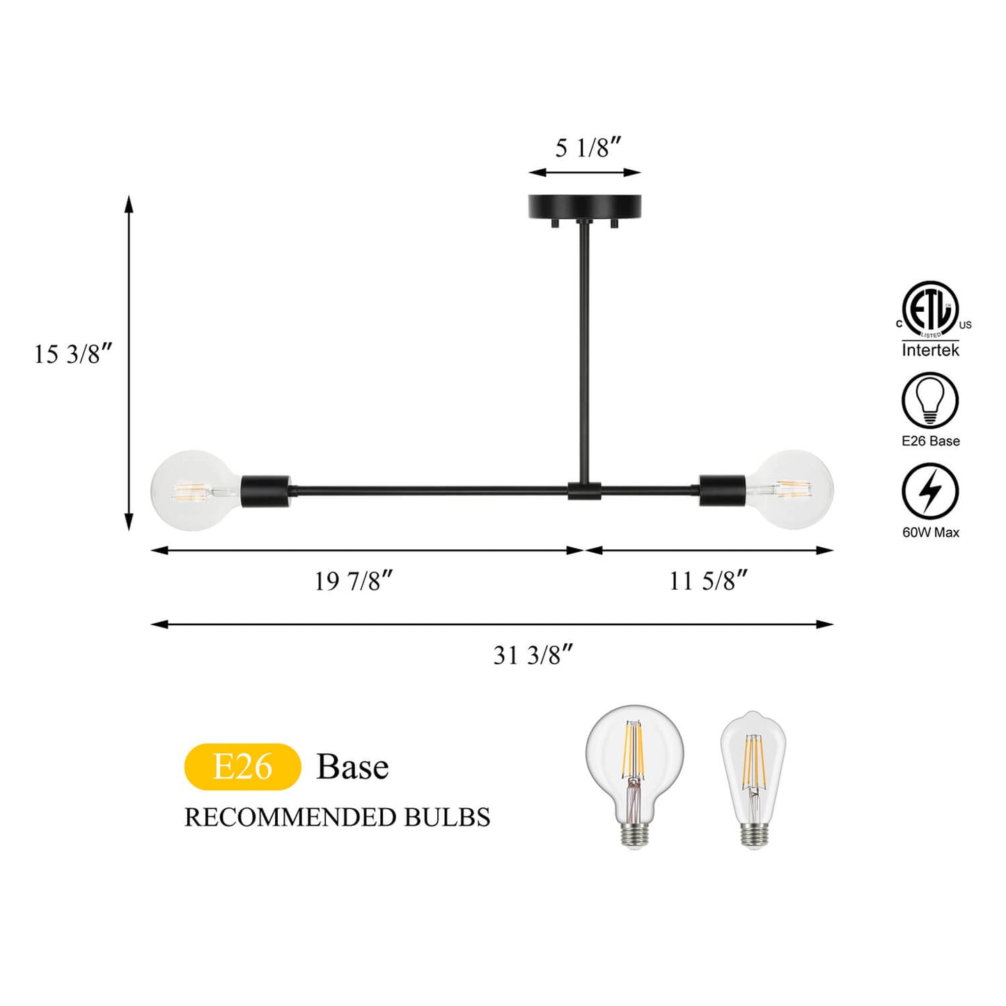Sputnik Semi Flush Mount Ceiling Light, 2-Light, Matte Black with LED Bulbs XB-SF1234-2-MBK-G30-1