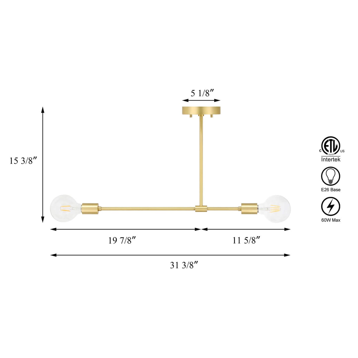Brass Semi Flush Mount Ceiling Light, 2-Light Fixture with LED bulbs XB-SF1234-2-SB-G30-1