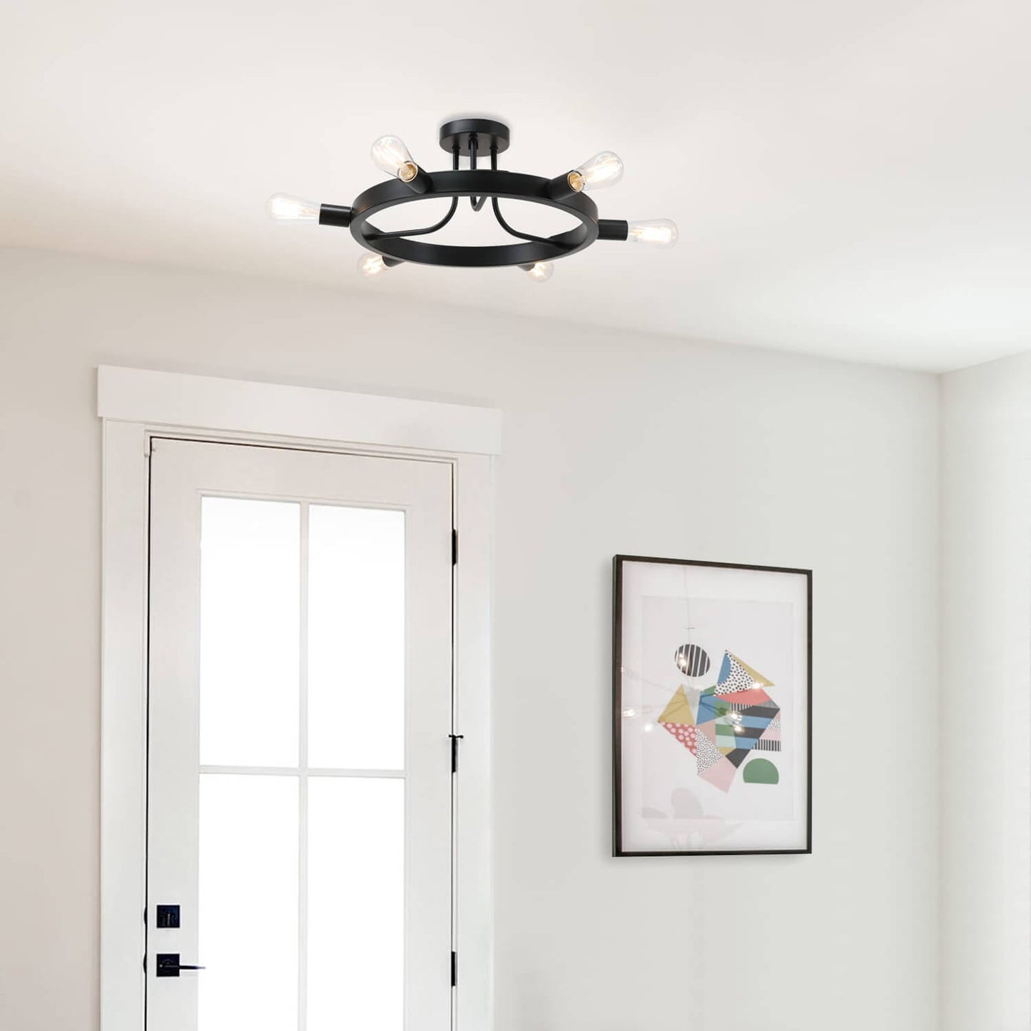 Semi Flush Mount Ceiling Light, 6-Light Ring Chandelier, Matte Black, Bulbs Included XB-SF1243-6-MBK-LED