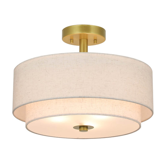 16 inch 3-Light Gold Semi Flush Mount Ceiling Light with Fabric Drum Shade XB-SF1289-GB