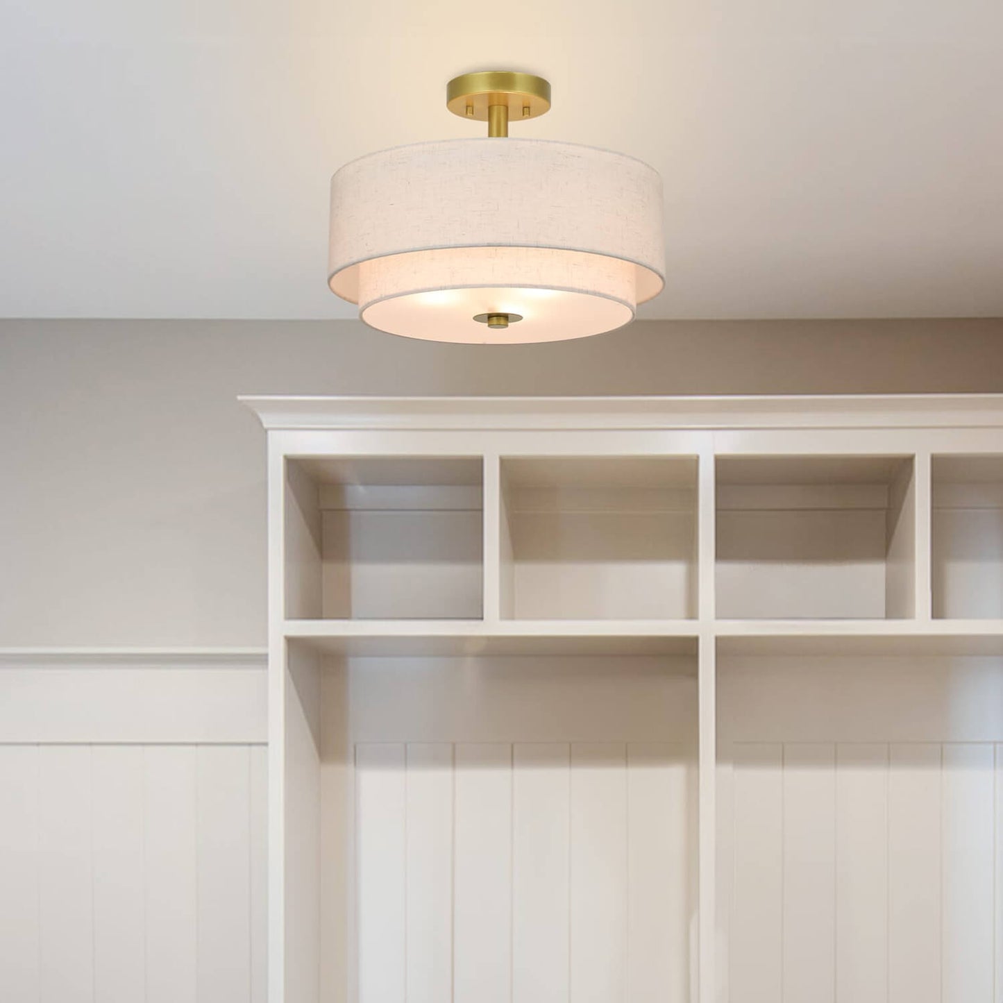 16 inch 3-Light Gold Semi Flush Mount Ceiling Light with Fabric Drum Shade XB-SF1289-GB