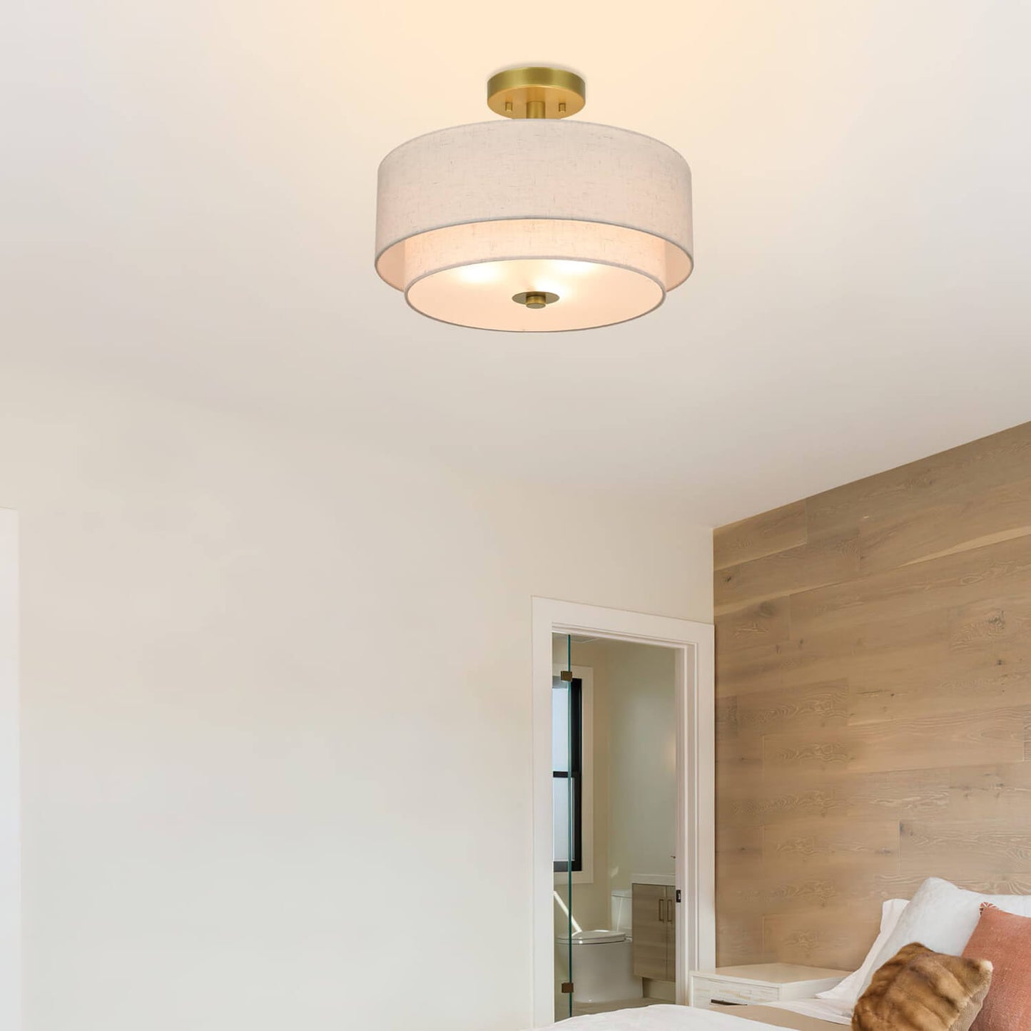 16 inch 3-Light Gold Semi Flush Mount Ceiling Light with Fabric Drum Shade XB-SF1289-GB