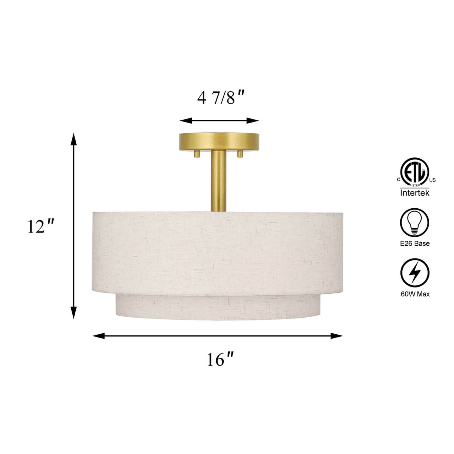 16 inch 3-Light Gold Semi Flush Mount Ceiling Light with Fabric Drum Shade XB-SF1289-GB