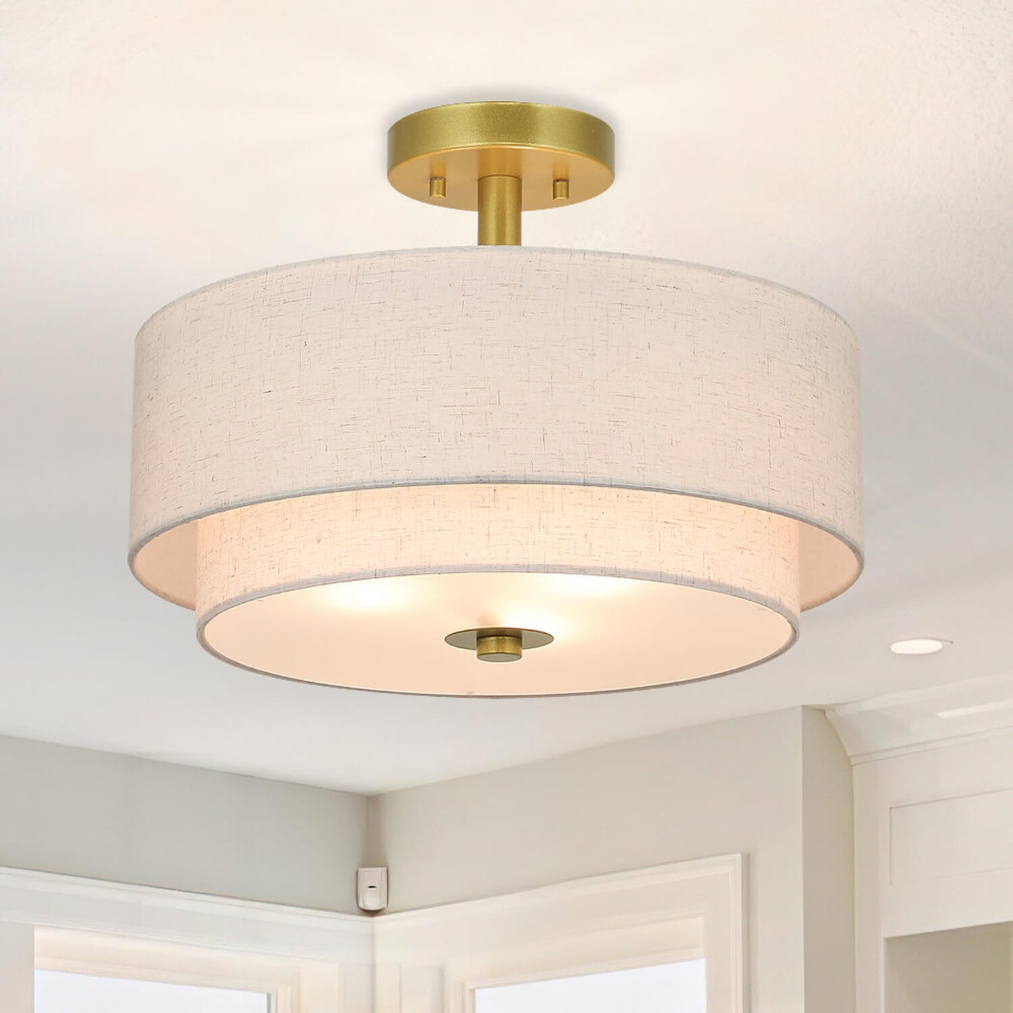 16 inch 3-Light Gold Semi Flush Mount Ceiling Light with Fabric Drum Shade XB-SF1289-GB
