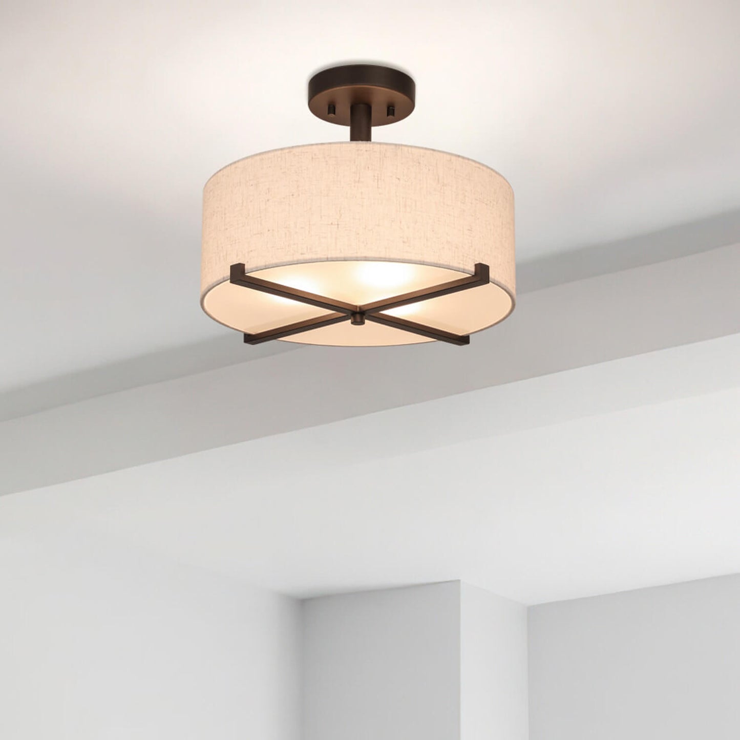 14 inch Modern Fabric Drum Ceiling Light - 3-Light Semi Flush Mount XB-SF1292-DB