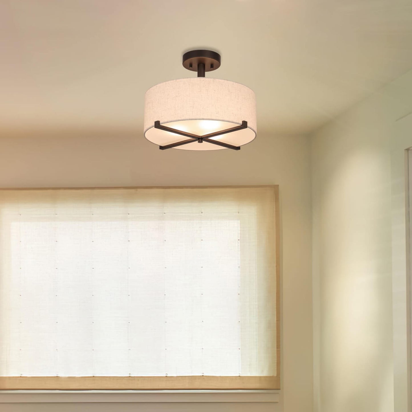 14 inch Modern Fabric Drum Ceiling Light - 3-Light Semi Flush Mount XB-SF1292-DB