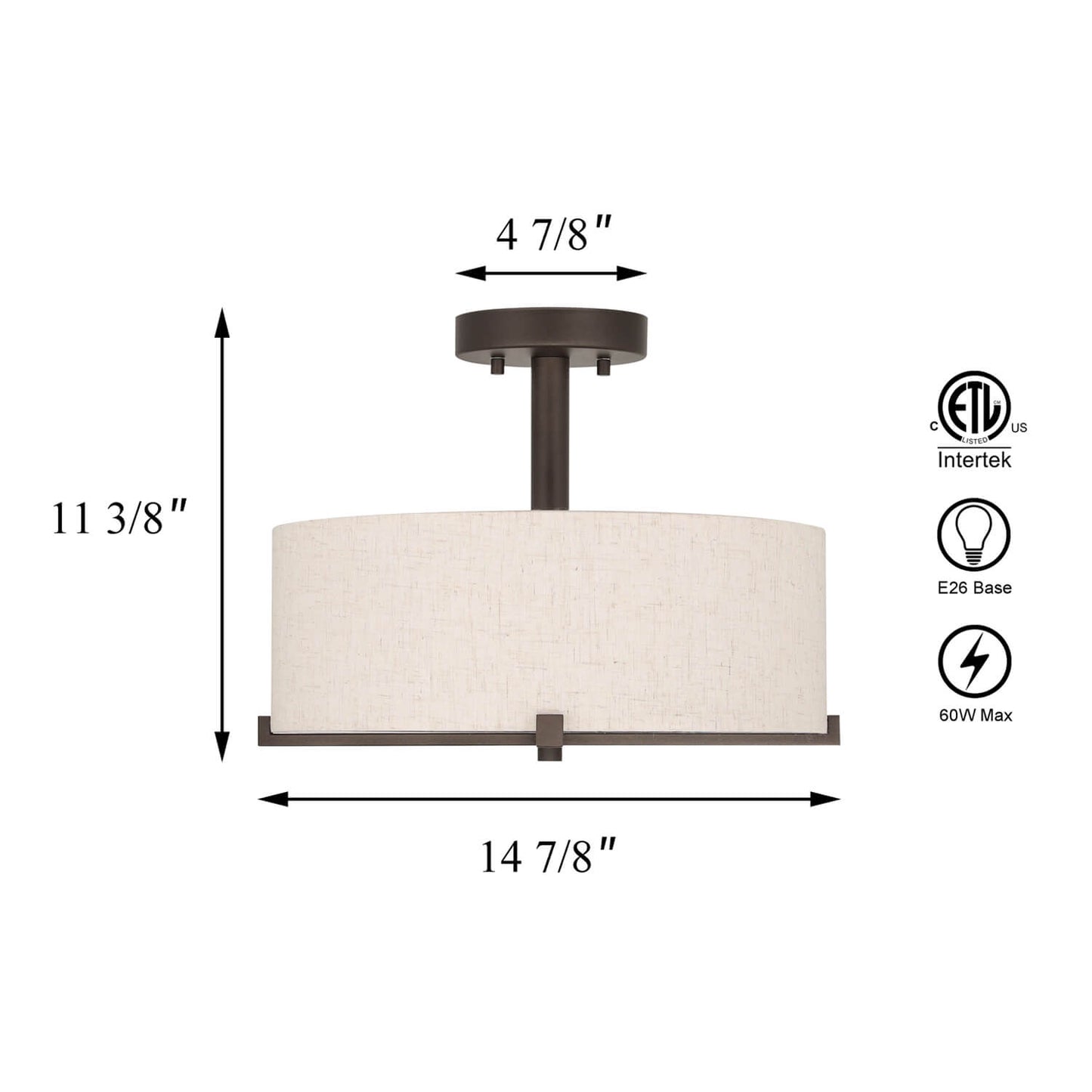 14 inch Modern Fabric Drum Ceiling Light - 3-Light Semi Flush Mount XB-SF1292-DB